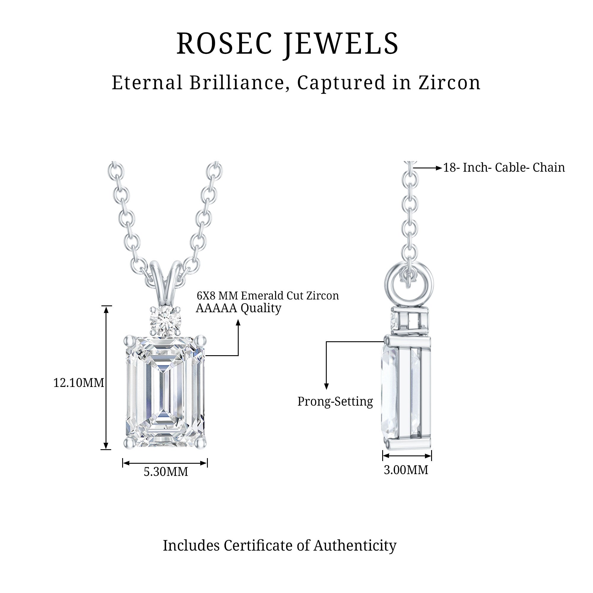 Certified 1.87 Carat Emerald Cut Cubic Zirconia Pendant Necklace with Silver Chain AAAAA 92.5 Sterling Silver - Rosec Jewels