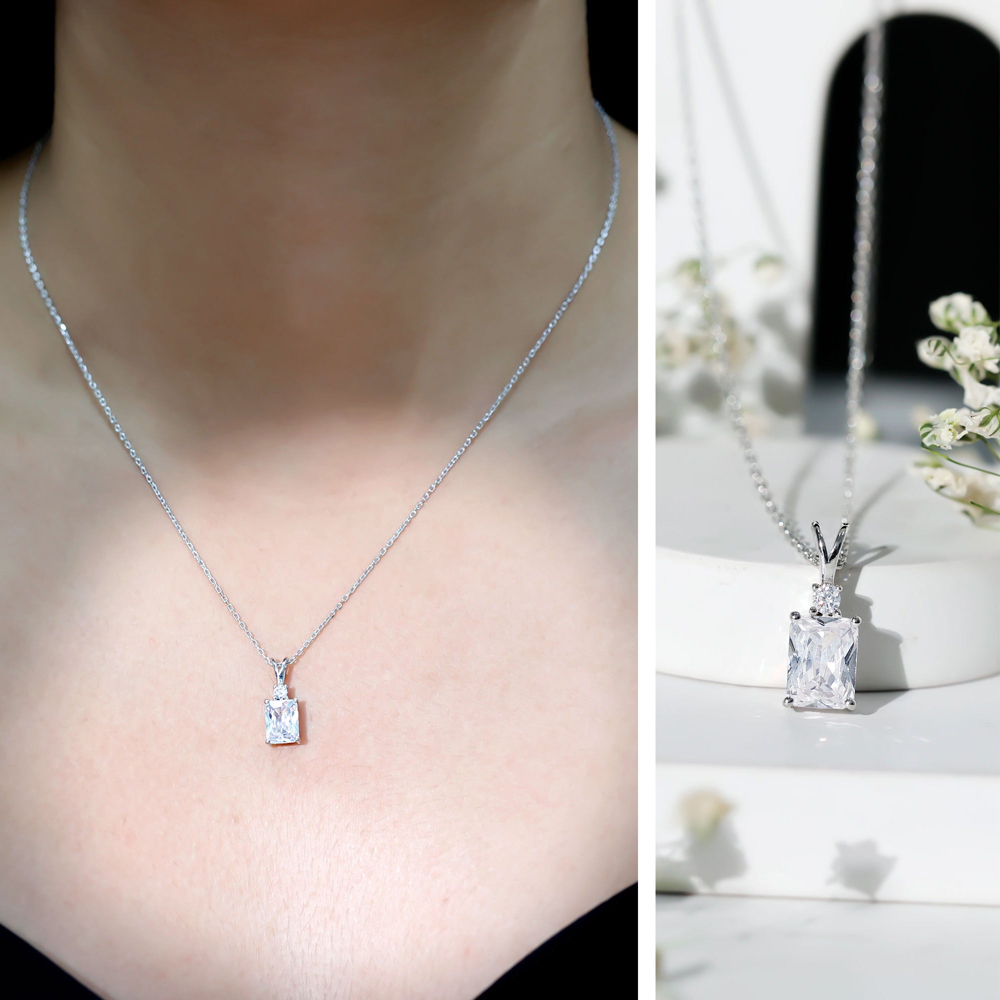 Certified 1.87 Carat Emerald Cut Cubic Zirconia Pendant Necklace with Silver Chain AAAAA 92.5 Sterling Silver - Rosec Jewels