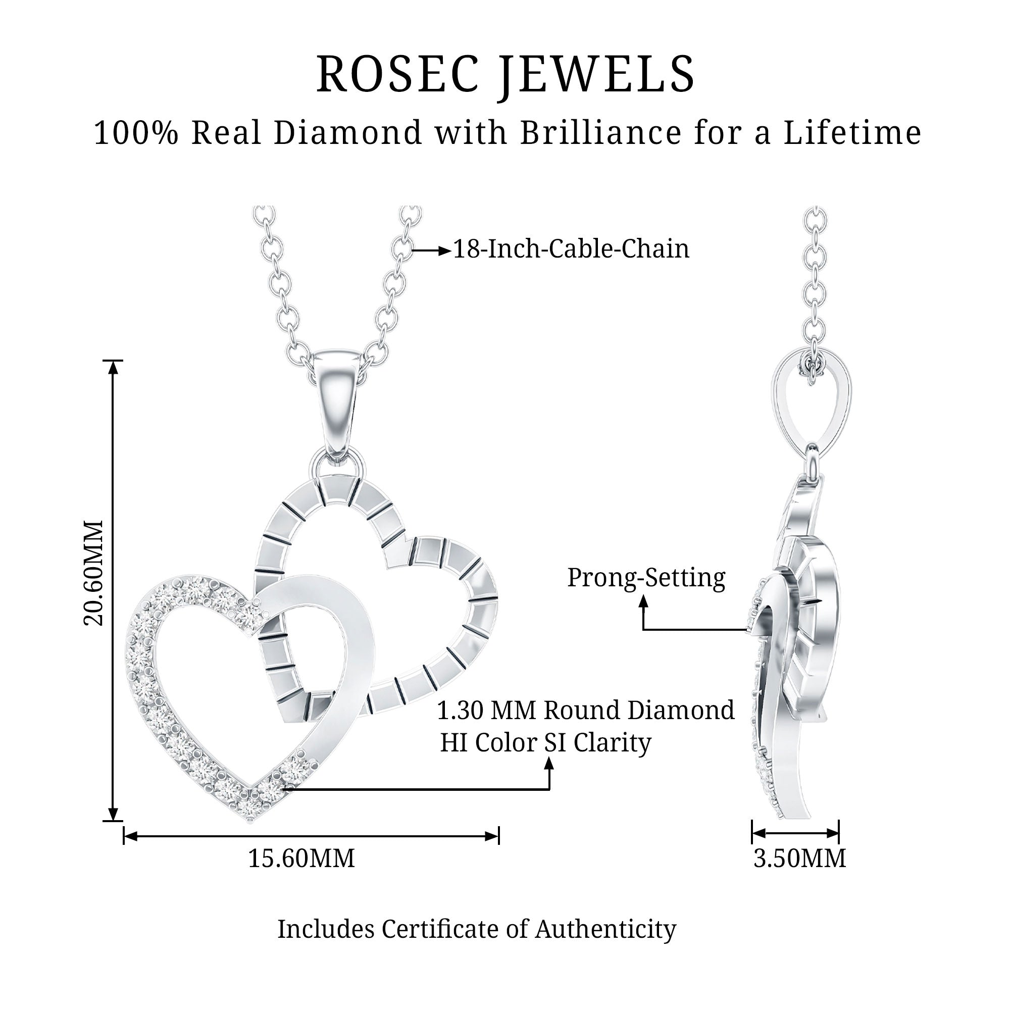 Pave Set Diamond Double Heart Necklace Natural - ( HI-SI ) - Rosec Jewels