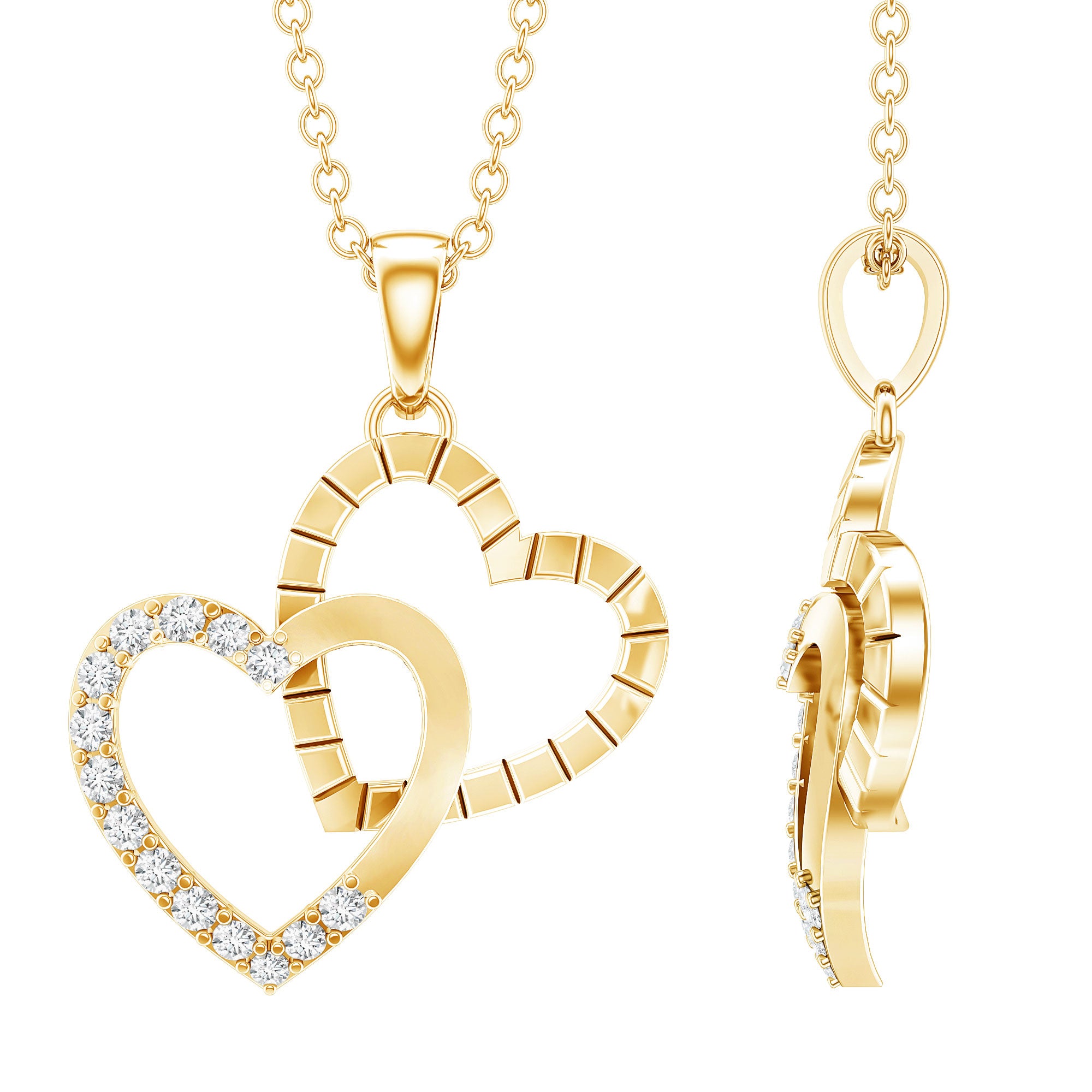Pave Set Diamond Double Heart Necklace Natural - ( HI-SI ) - Rosec Jewels