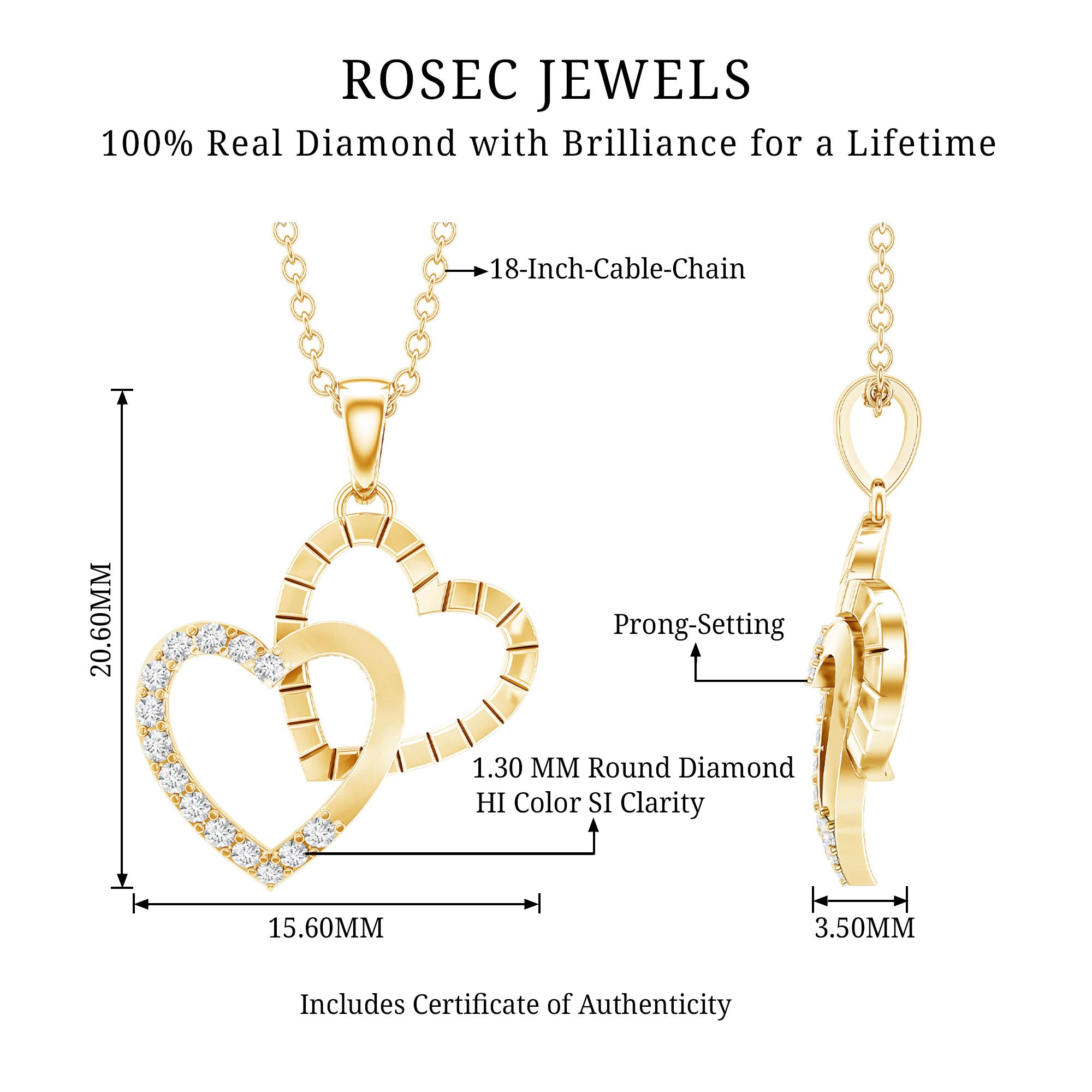 Pave Set Diamond Double Heart Necklace Natural - ( HI-SI ) - Rosec Jewels