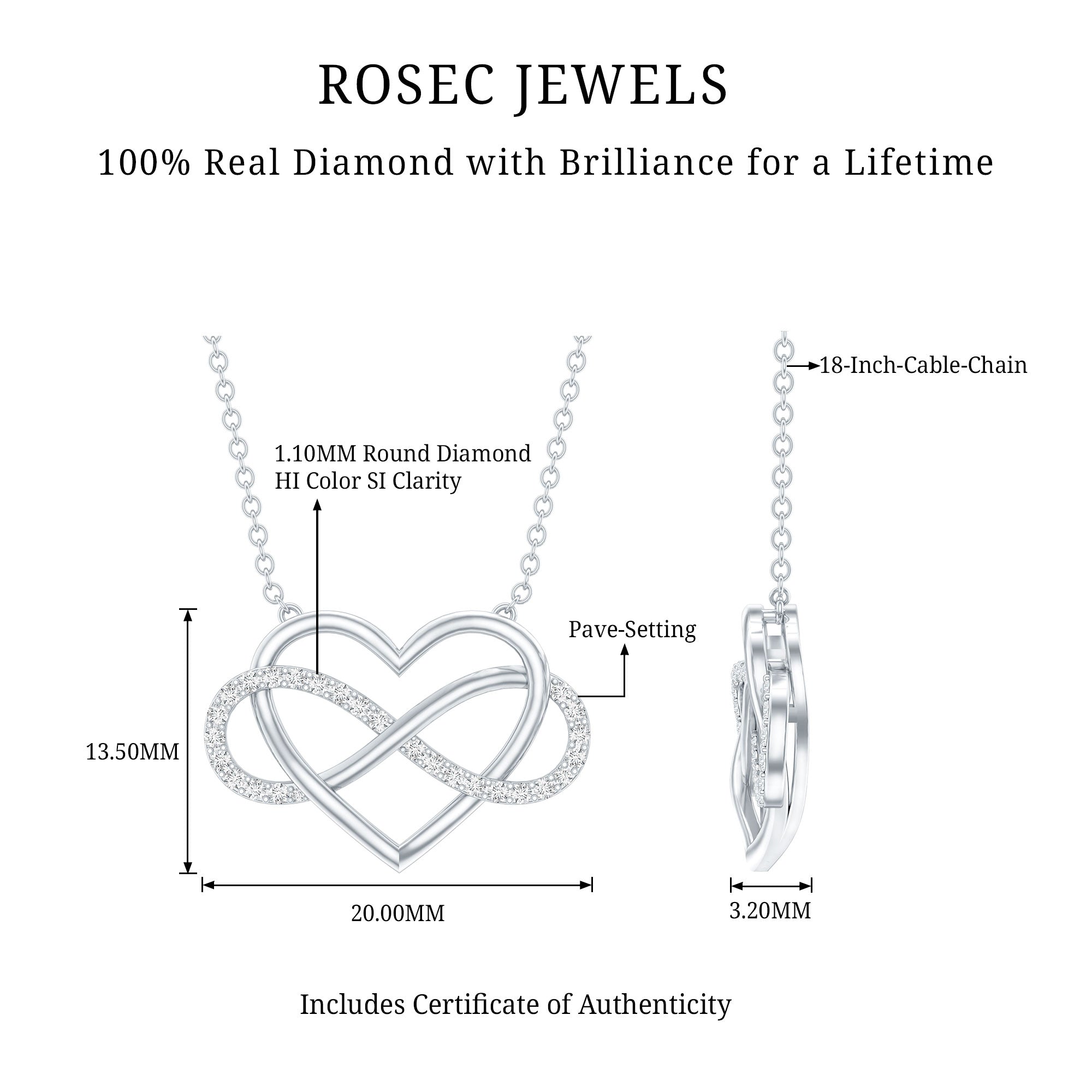 Certified Diamond Infinity Heart Necklace Natural - ( HI-SI ) - Rosec Jewels