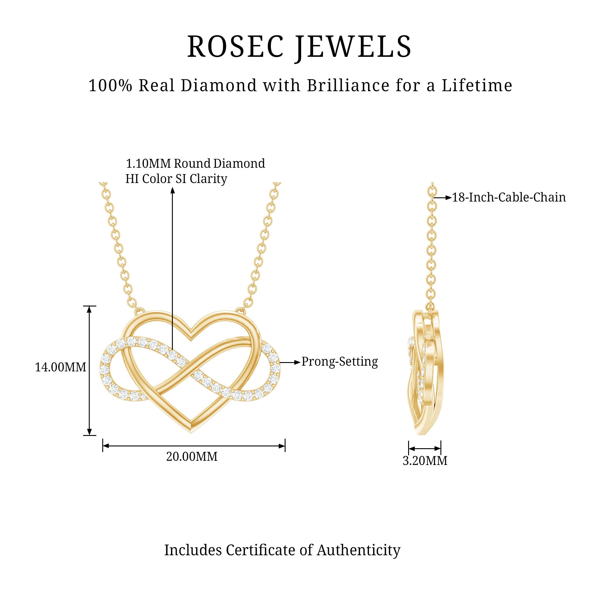 Certified Diamond Infinity Heart Necklace Natural - ( HI-SI ) - Rosec Jewels