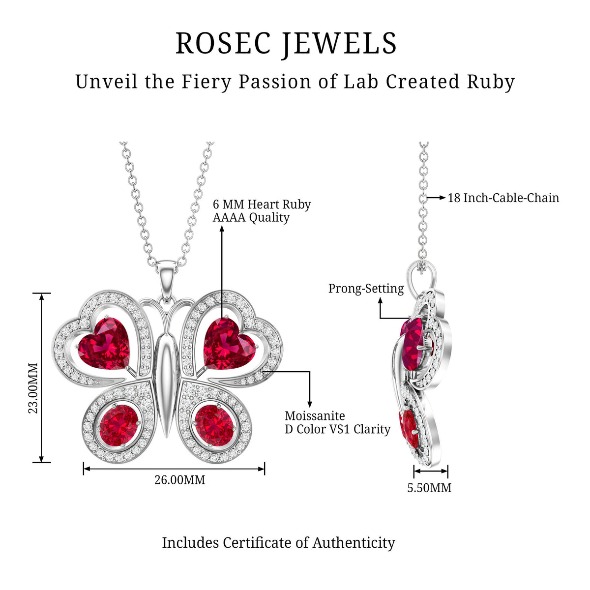 Certified Created Ruby Butterfly Pendant Necklace with Moissanite AAAA - Rosec Jewels
