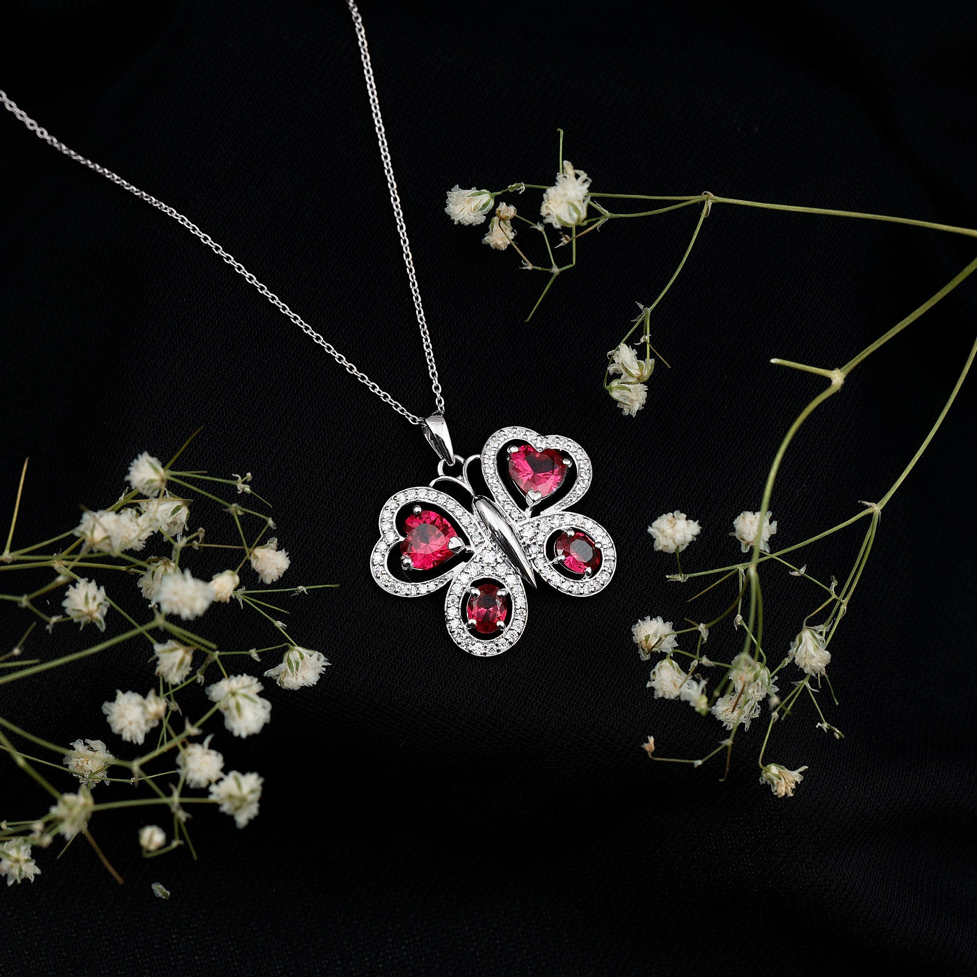 Certified Created Ruby Butterfly Pendant Necklace with Moissanite AAAA - Rosec Jewels