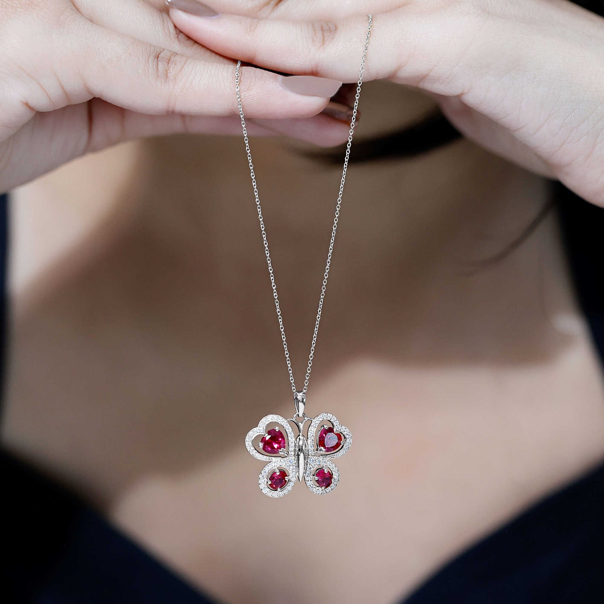 Certified Created Ruby Butterfly Pendant Necklace with Moissanite AAAA - Rosec Jewels