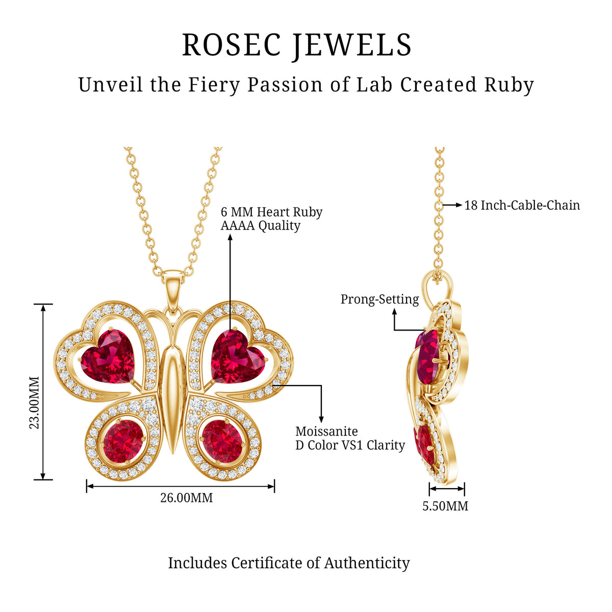 Certified Created Ruby Butterfly Pendant Necklace with Moissanite AAAA - Rosec Jewels