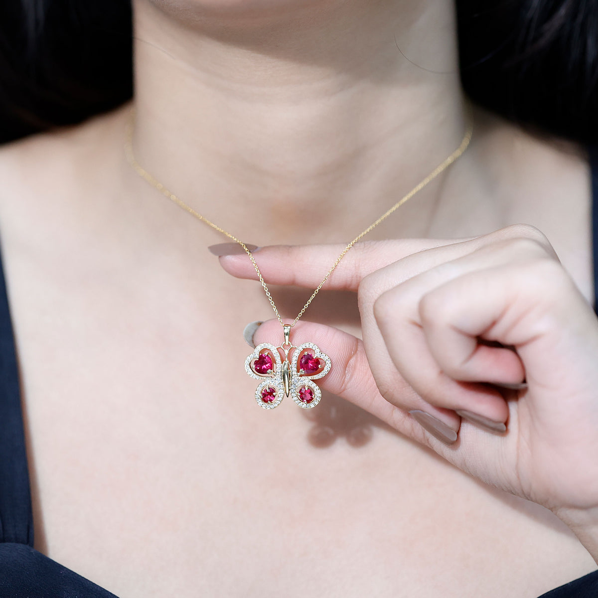 Certified Created Ruby Butterfly Pendant Necklace with Moissanite AAAA - Rosec Jewels