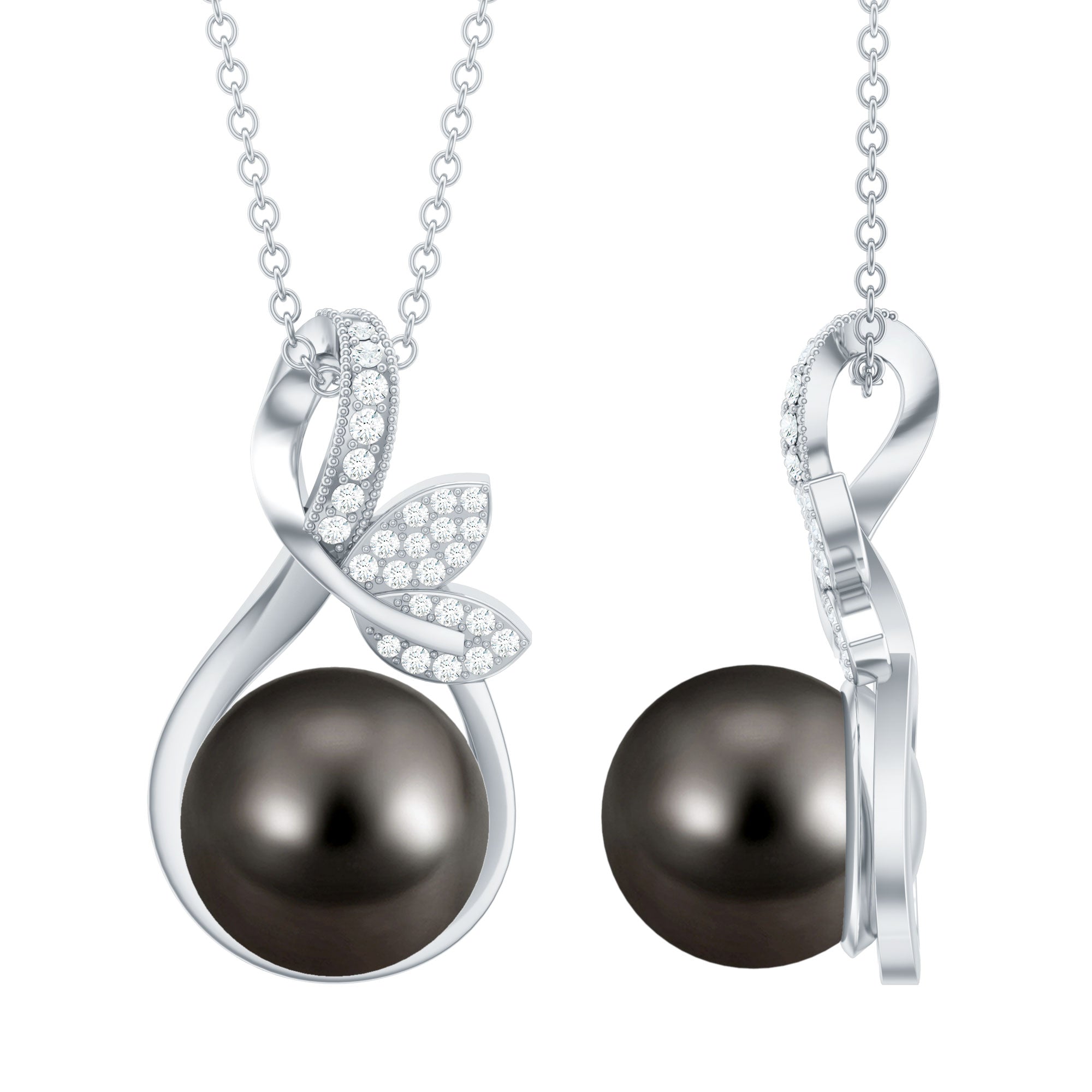 10MM Black Pearl and Diamond Bridal Pendant Necklace