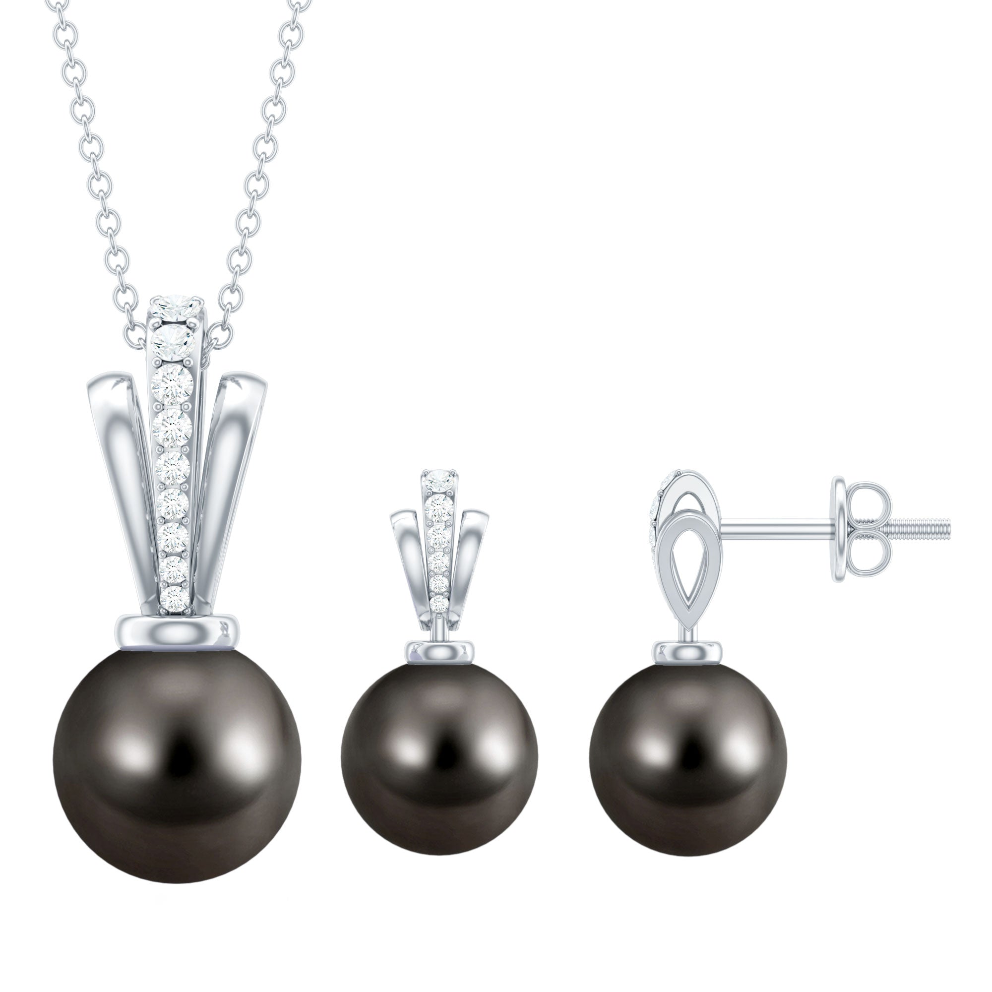 Genuine Tahitian Pearl and Diamond Drop Necklace Earrings Set