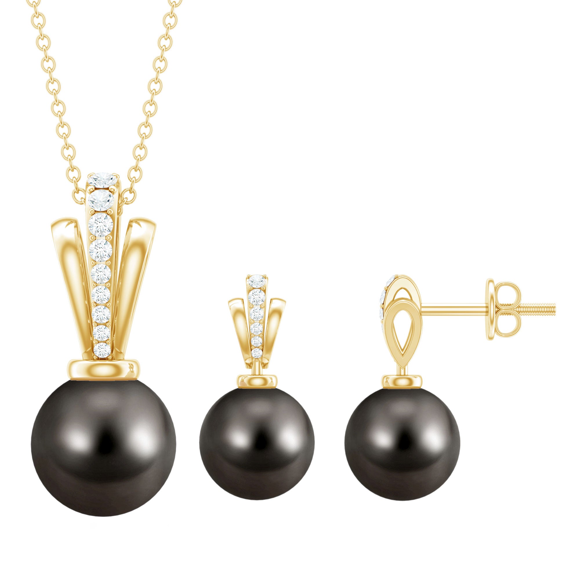 Genuine Tahitian Pearl and Diamond Drop Necklace Earrings Set AAA - Rosec Jewels