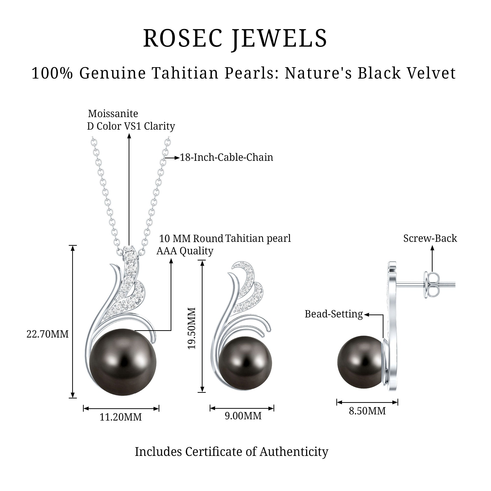 Designer Tahitian Black Pearl Necklace and Earrings Set with Diamond AAA - Rosec Jewels