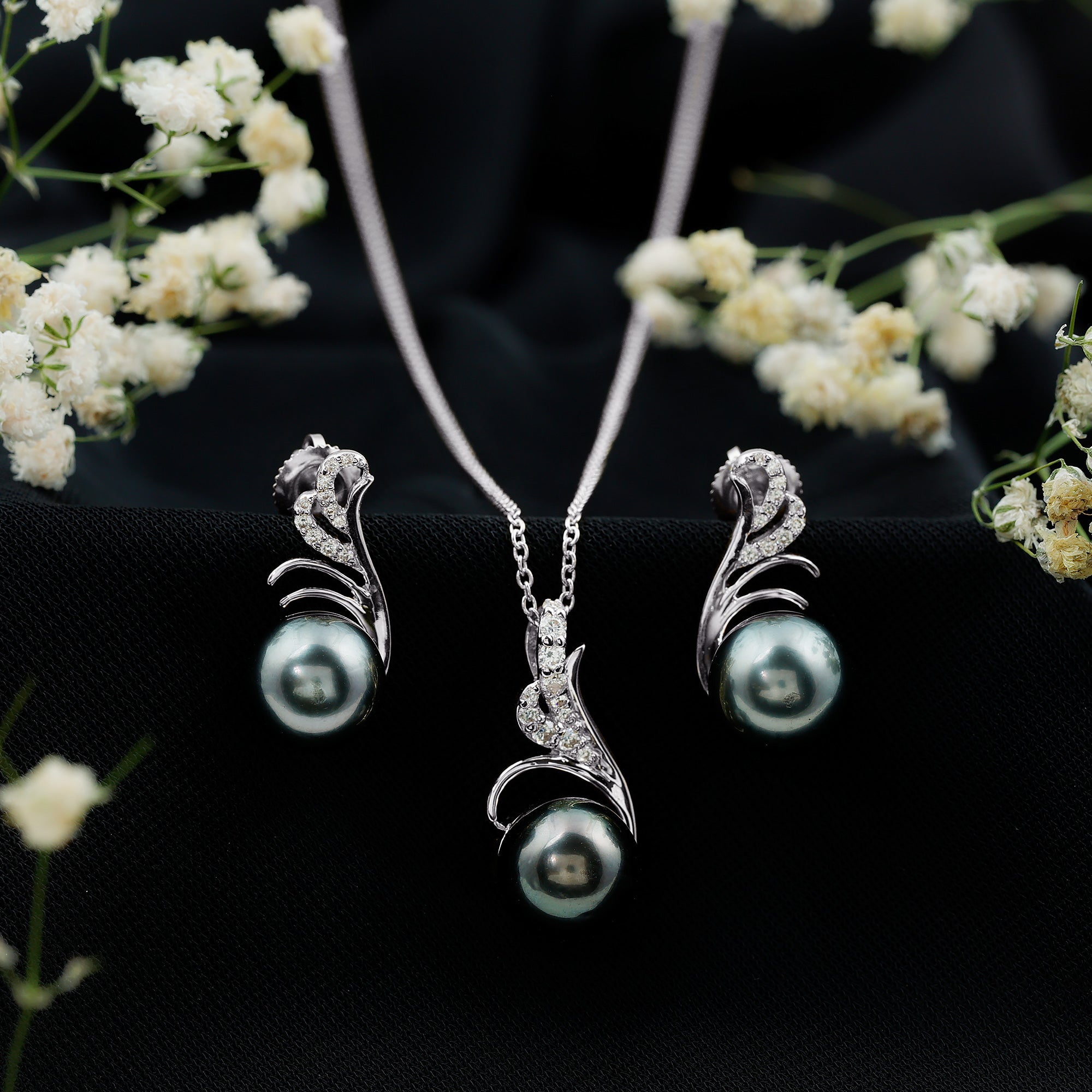 Designer Tahitian Black Pearl Necklace and Earrings Set with Diamond AAA - Rosec Jewels