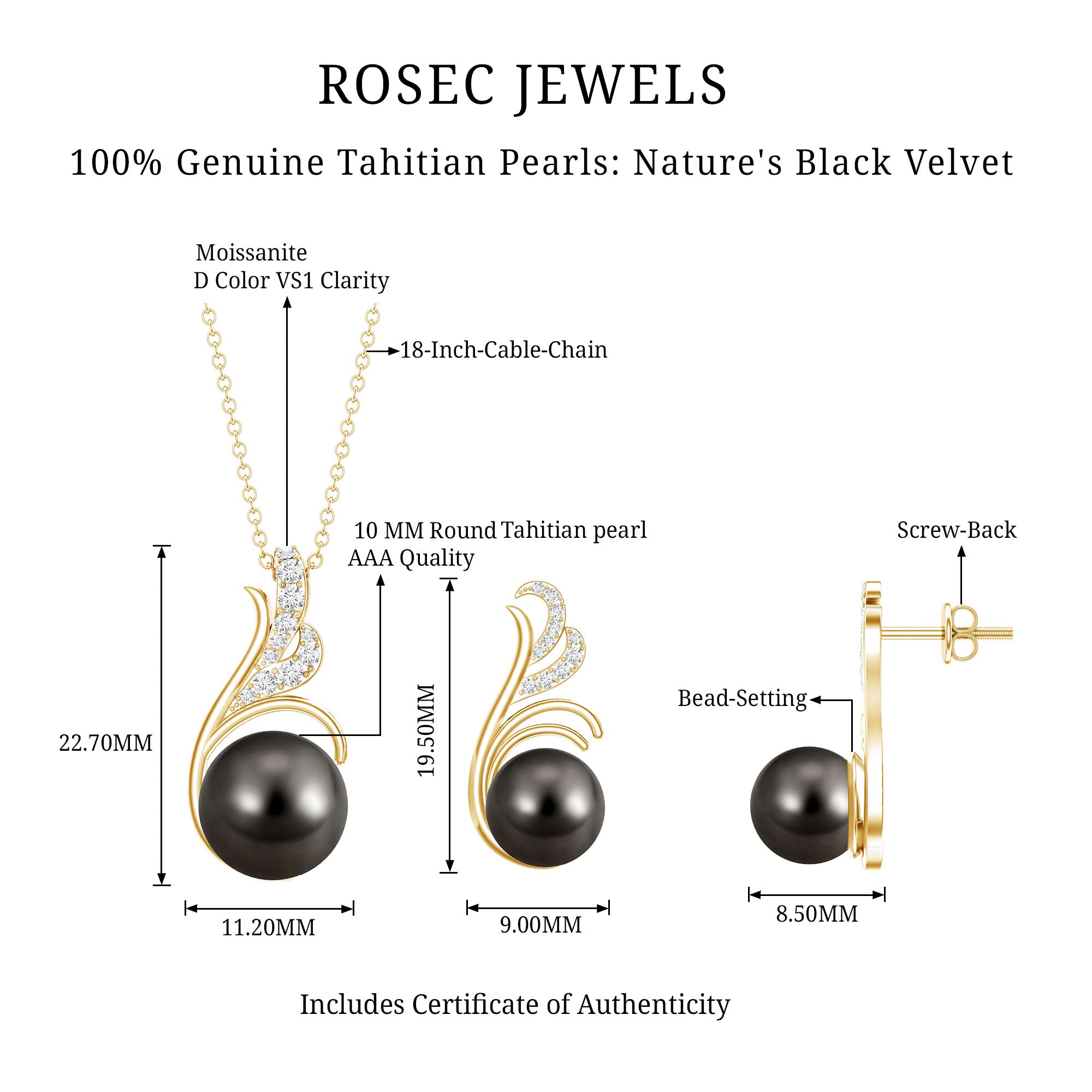 Designer Tahitian Black Pearl Necklace and Earrings Set with Diamond AAA - Rosec Jewels