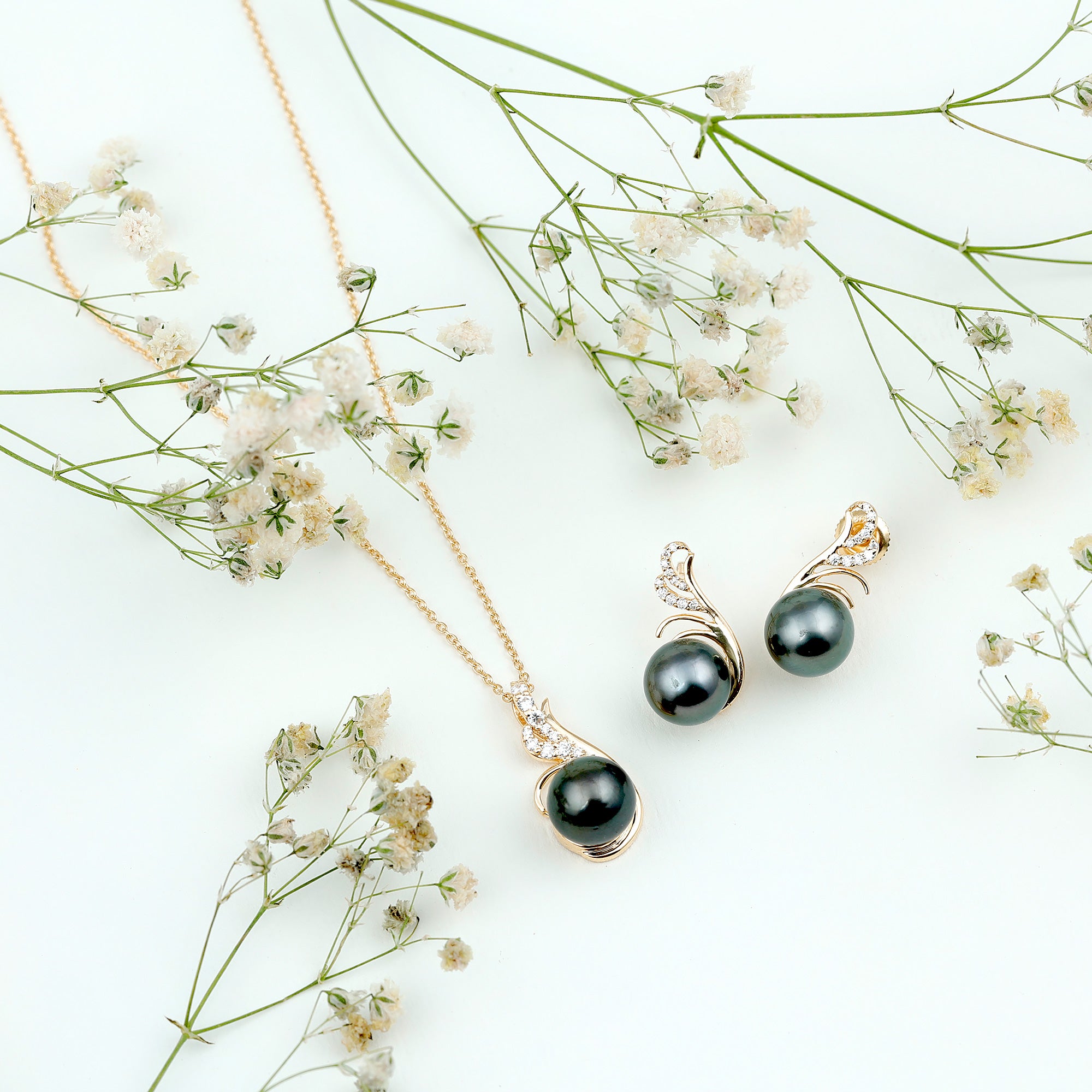 Designer Tahitian Black Pearl Necklace and Earrings Set with Diamond AAA - Rosec Jewels