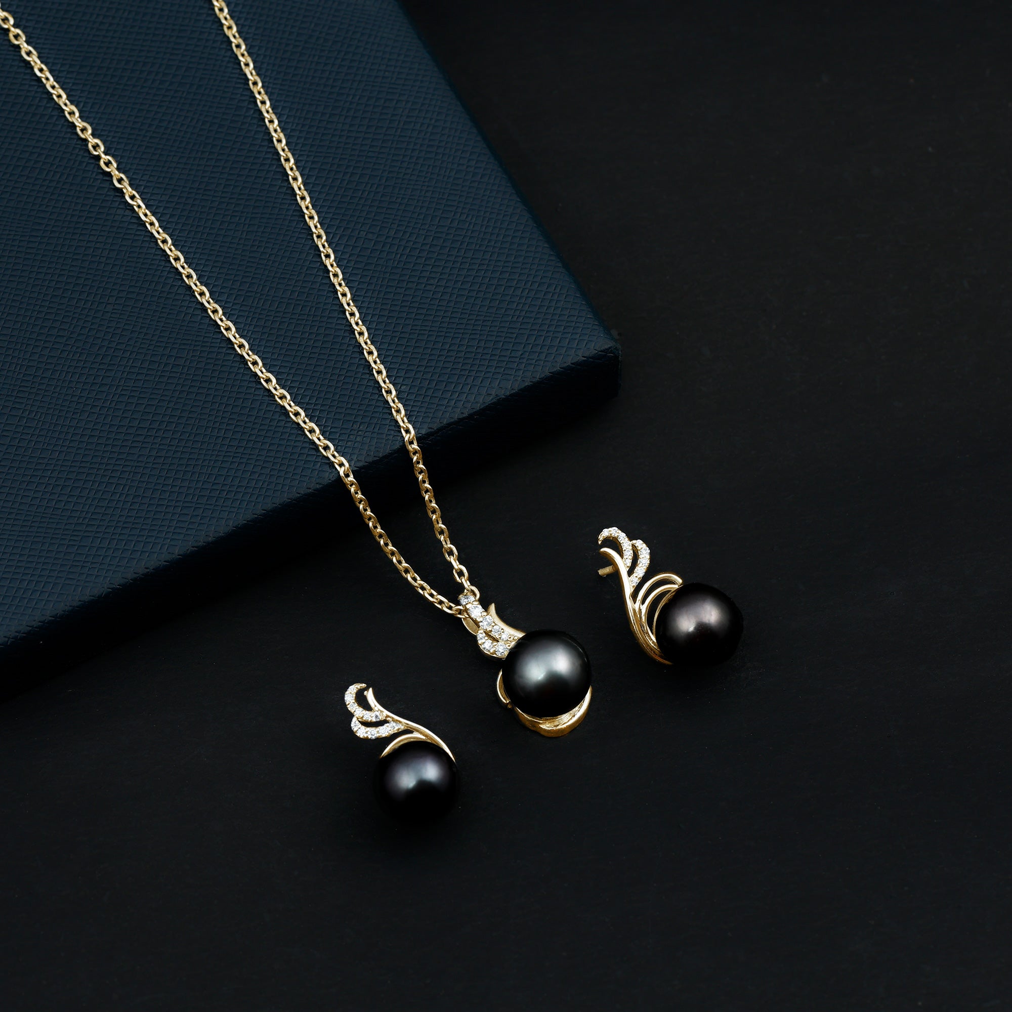 Designer Tahitian Black Pearl Necklace and Earrings Set with Diamond AAA - Rosec Jewels