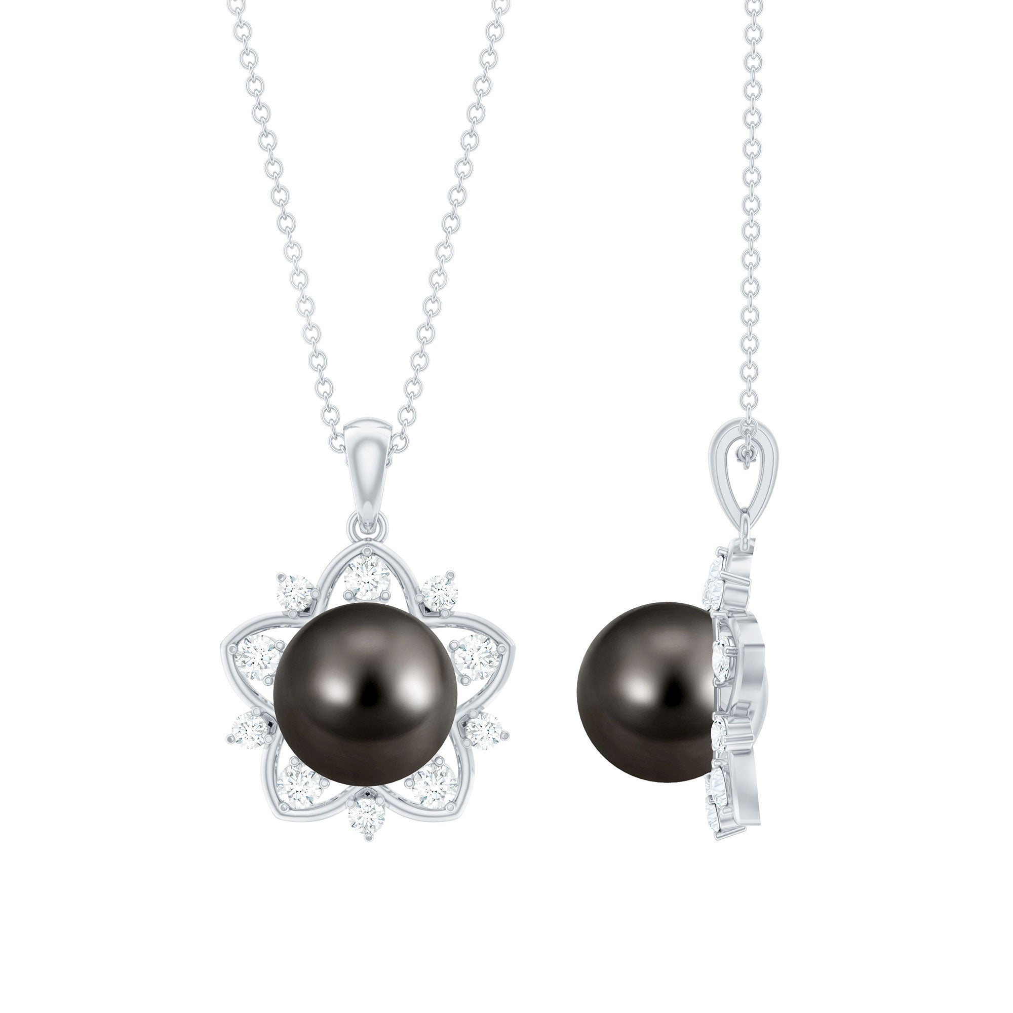 Real Tahitian Pearl and Diamond Star Pendant Necklace With Chain