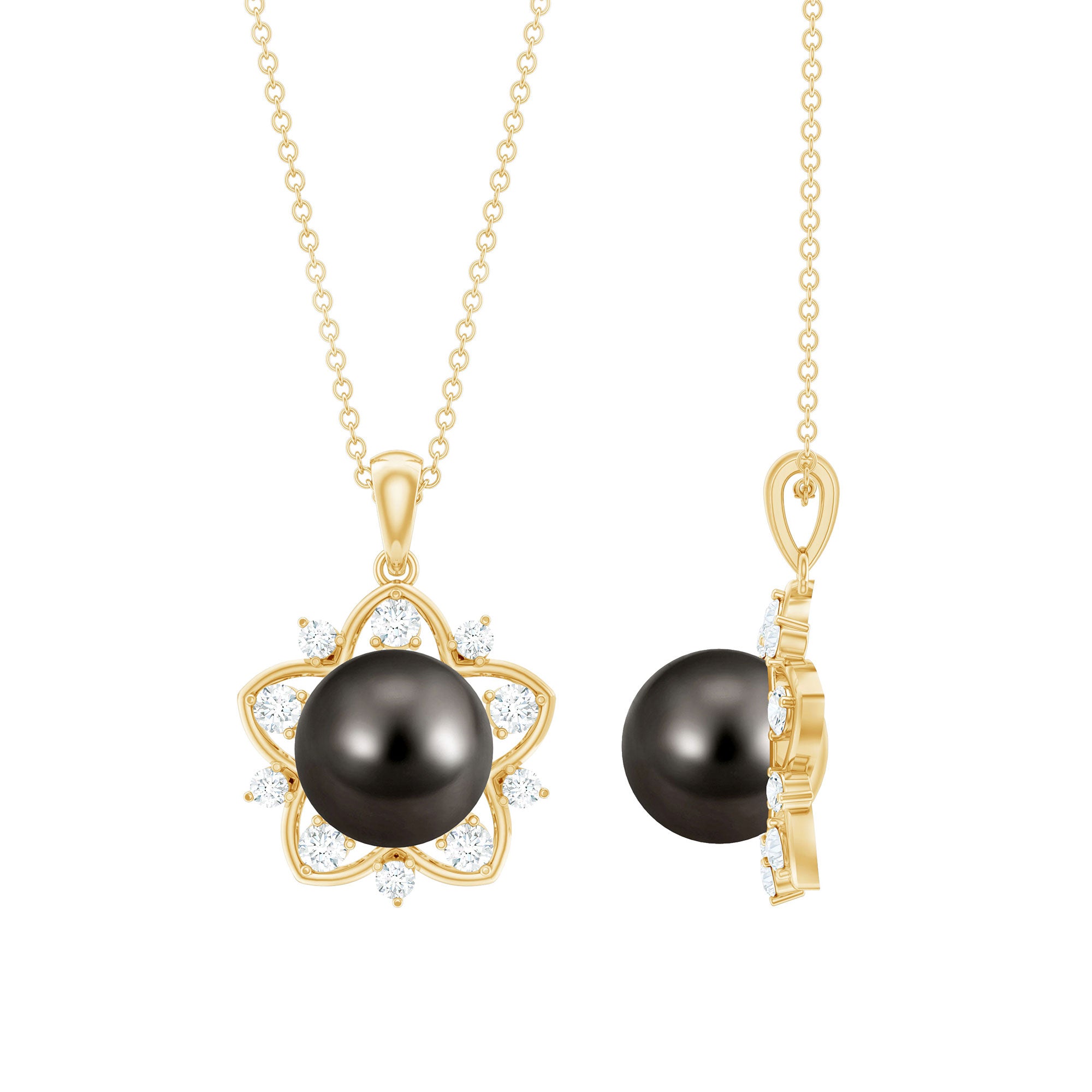 Real Tahitian Pearl and Diamond Star Pendant Necklace With Chain AAA - Rosec Jewels
