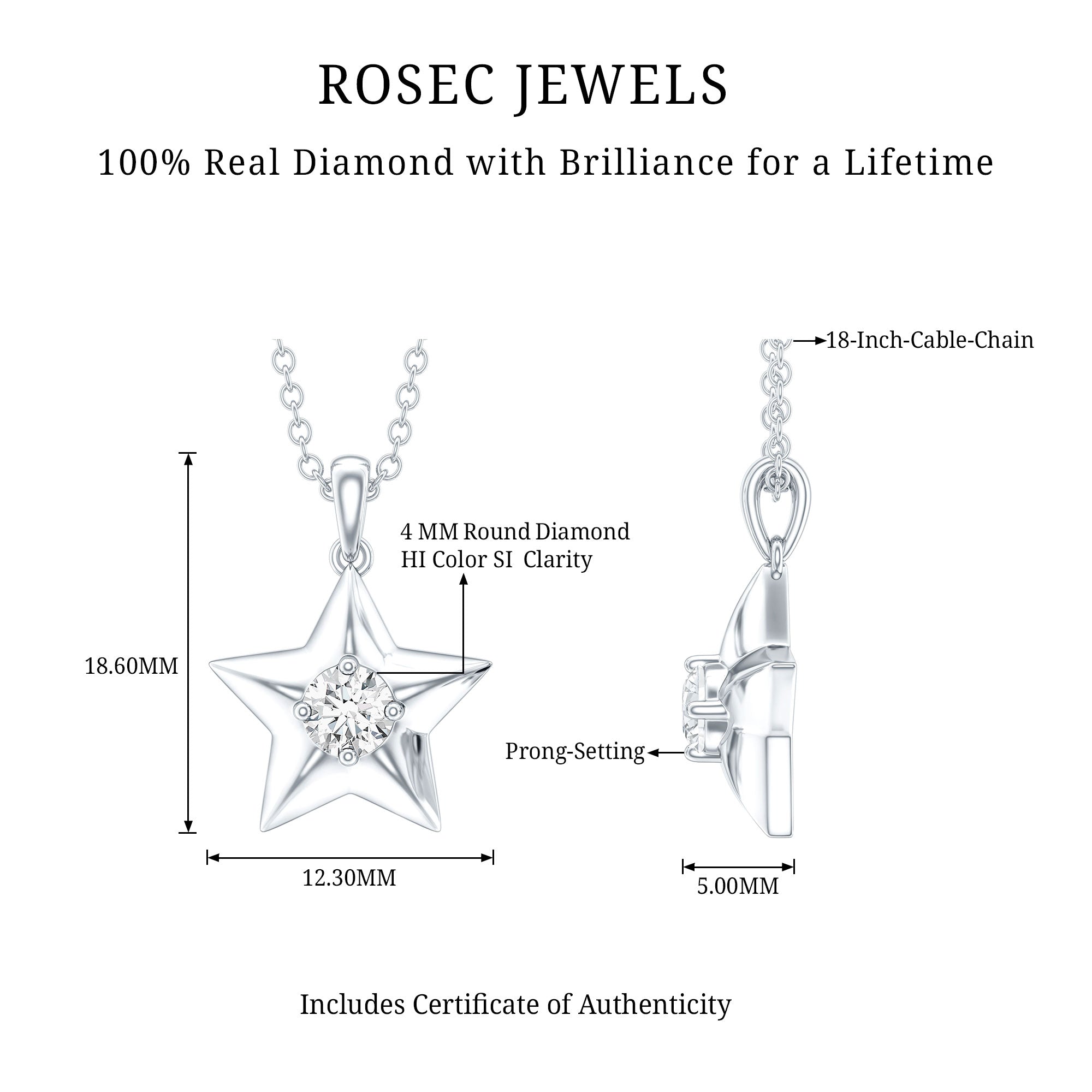 Certified Diamond Star Pendant Necklace Natural - ( HI-SI ) - Rosec Jewels