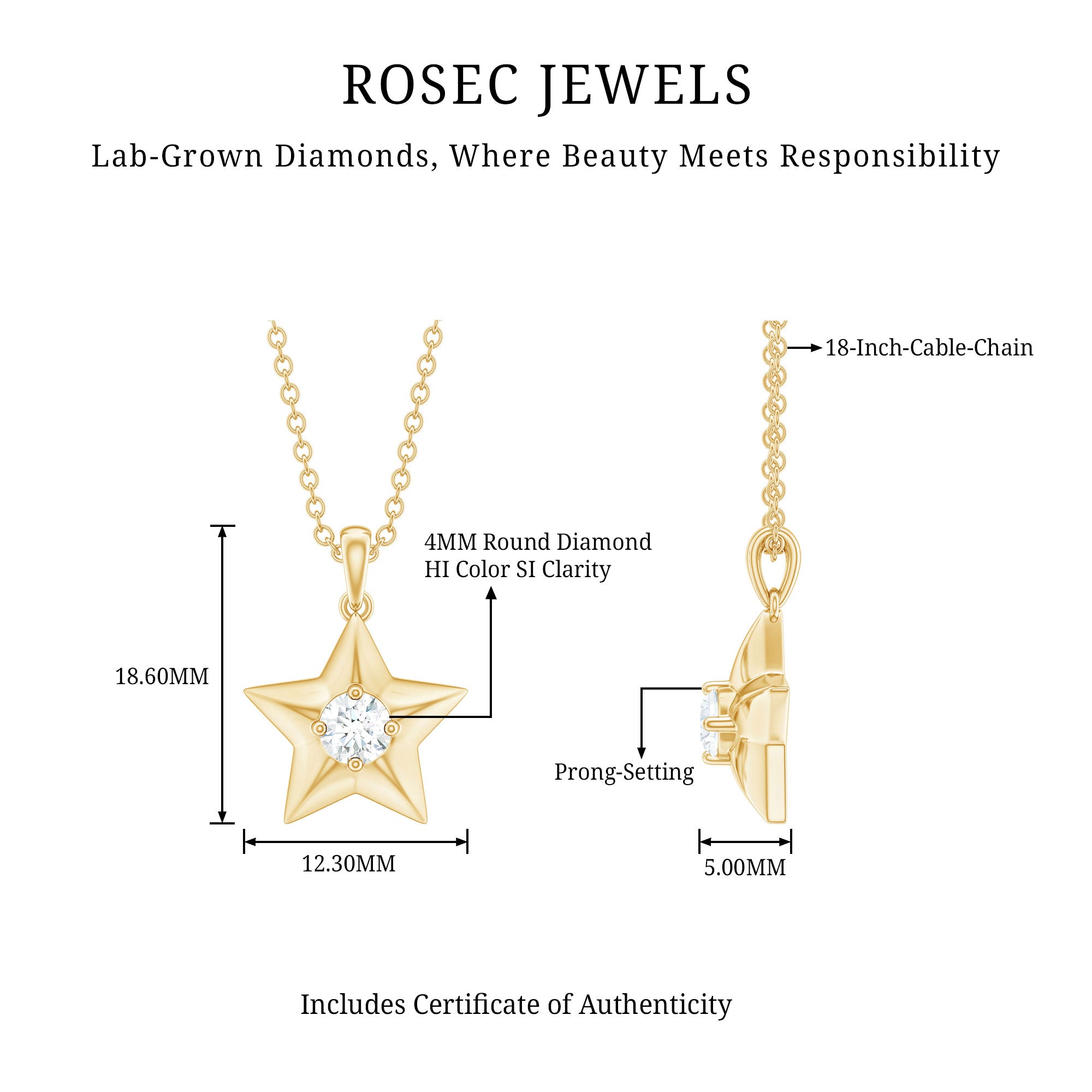 Certified Diamond Star Pendant Necklace Natural - ( HI-SI ) - Rosec Jewels