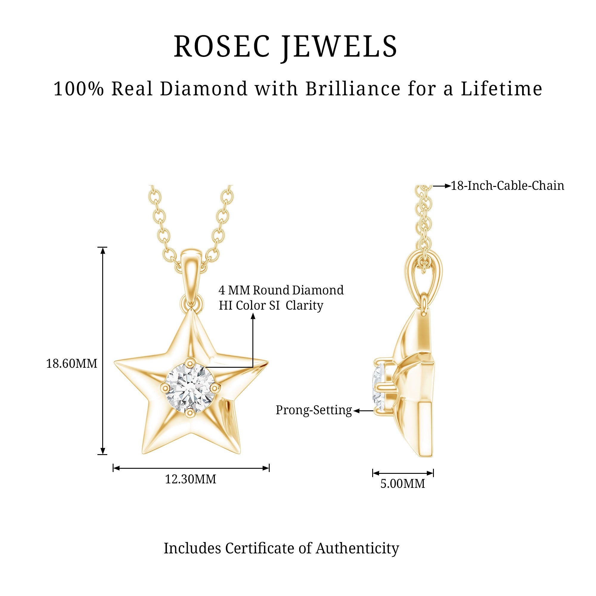 Certified Diamond Star Pendant Necklace Natural - ( HI-SI ) - Rosec Jewels