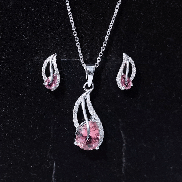 Pear Shaped Pink Tourmaline and Diamond Leaf Jewelry Set AAA - Rosec Jewels