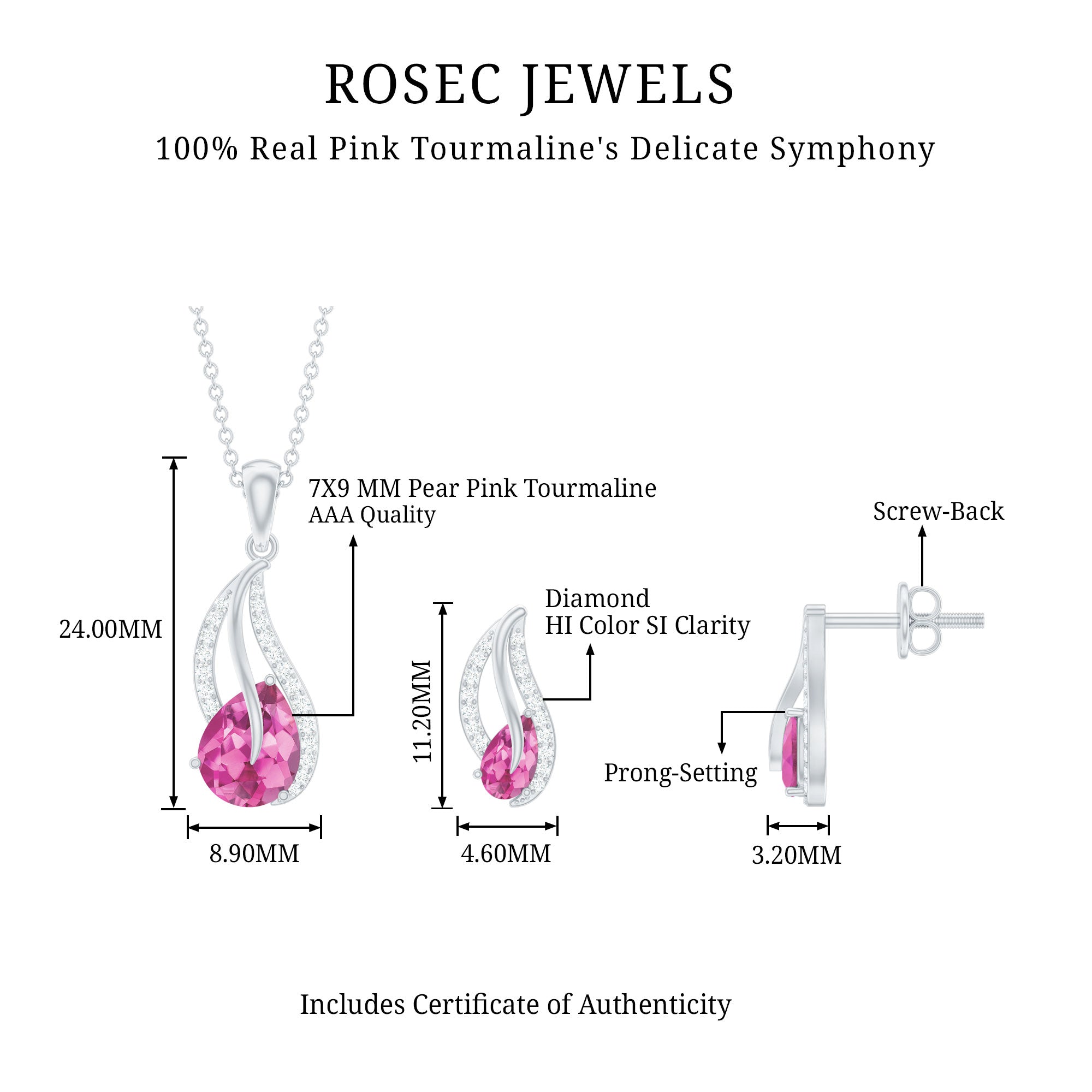 Pear Shaped Pink Tourmaline and Diamond Leaf Jewelry Set AAA - Rosec Jewels