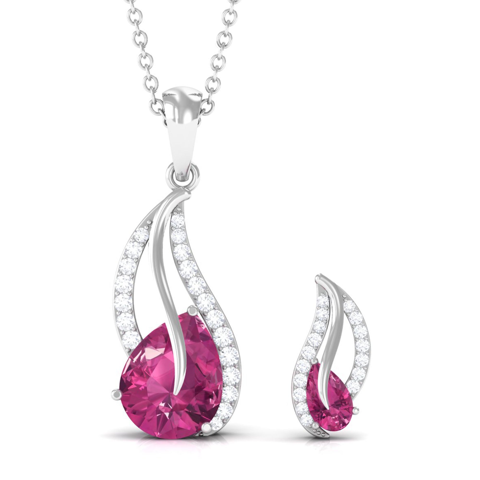 Pear Shaped Pink Tourmaline and Diamond Leaf Jewelry Set AAA - Rosec Jewels