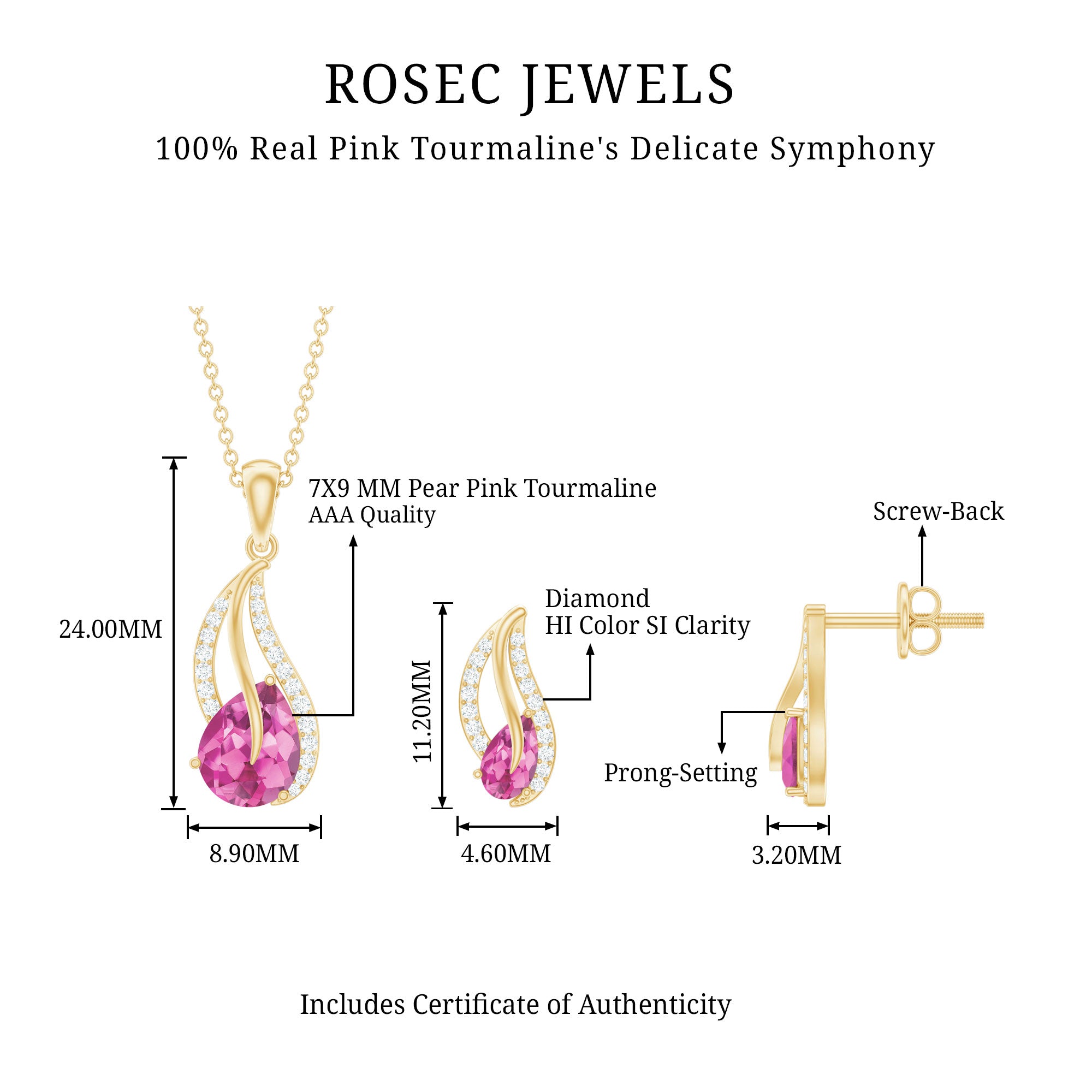 Pear Shaped Pink Tourmaline and Diamond Leaf Jewelry Set AAA - Rosec Jewels