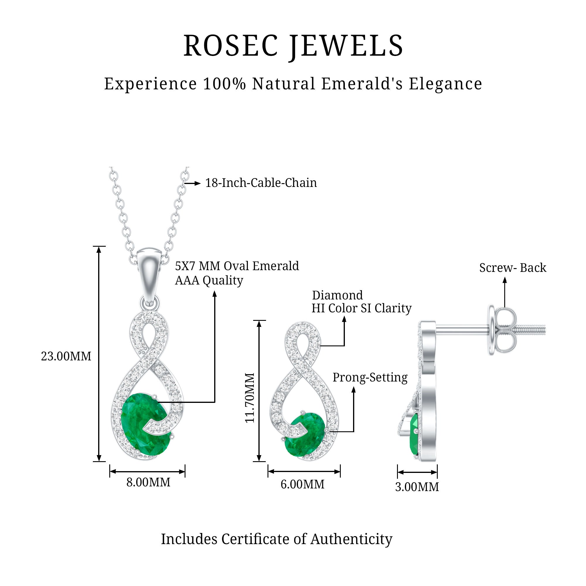 Natural Emerald and Diamond Wedding Jewelry Set AAA - Rosec Jewels