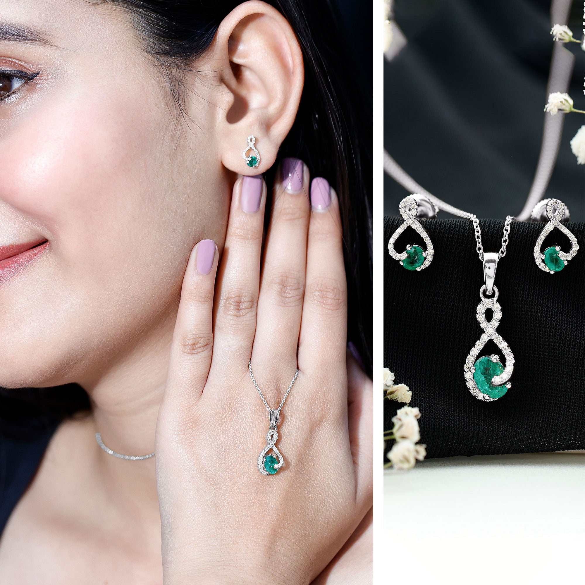Natural Emerald and Diamond Wedding Jewelry Set AAA - Rosec Jewels