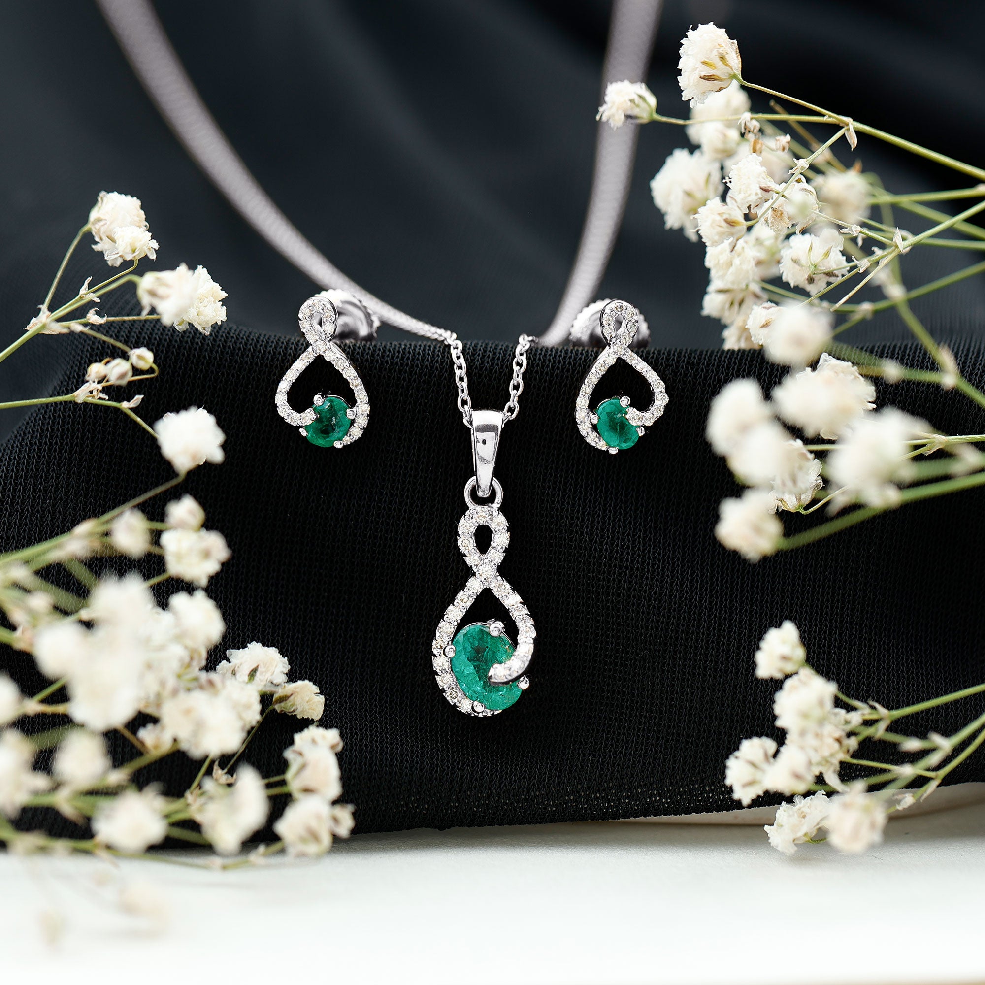 Natural Emerald and Diamond Wedding Jewelry Set AAA - Rosec Jewels