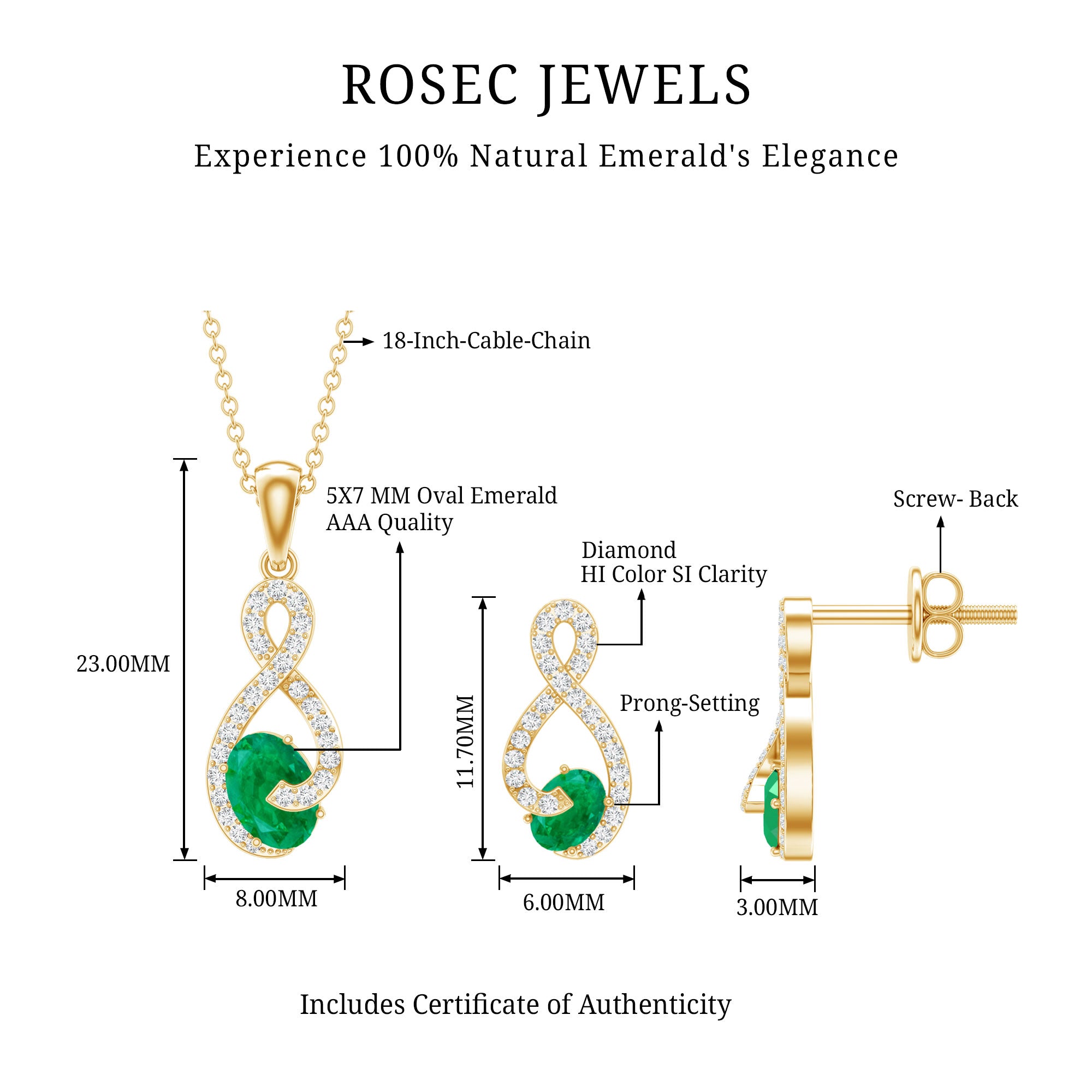 Natural Emerald and Diamond Wedding Jewelry Set AAA - Rosec Jewels