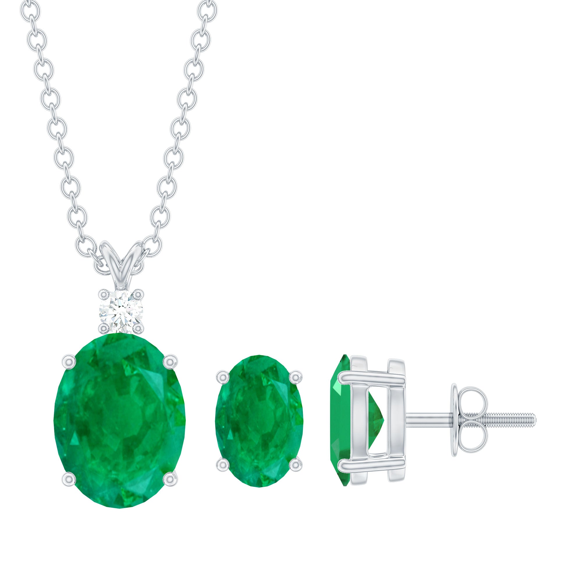 Genuine Emerald Solitaire Pendant and Earrings Set with Lab Grown Diamond AAA - Rosec Jewels