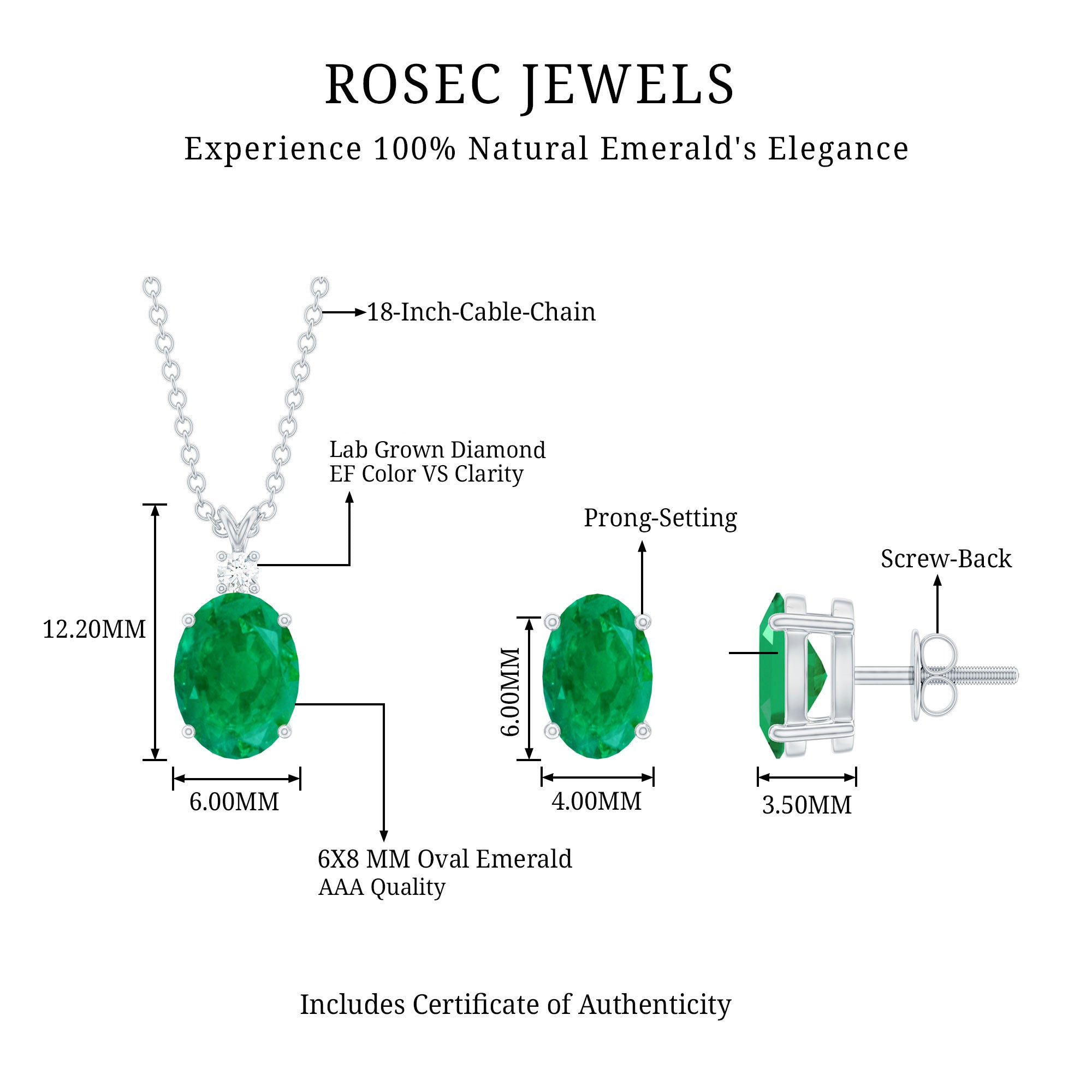 Genuine Emerald Solitaire Pendant and Earrings Set with Lab Grown Diamond AAA - Rosec Jewels