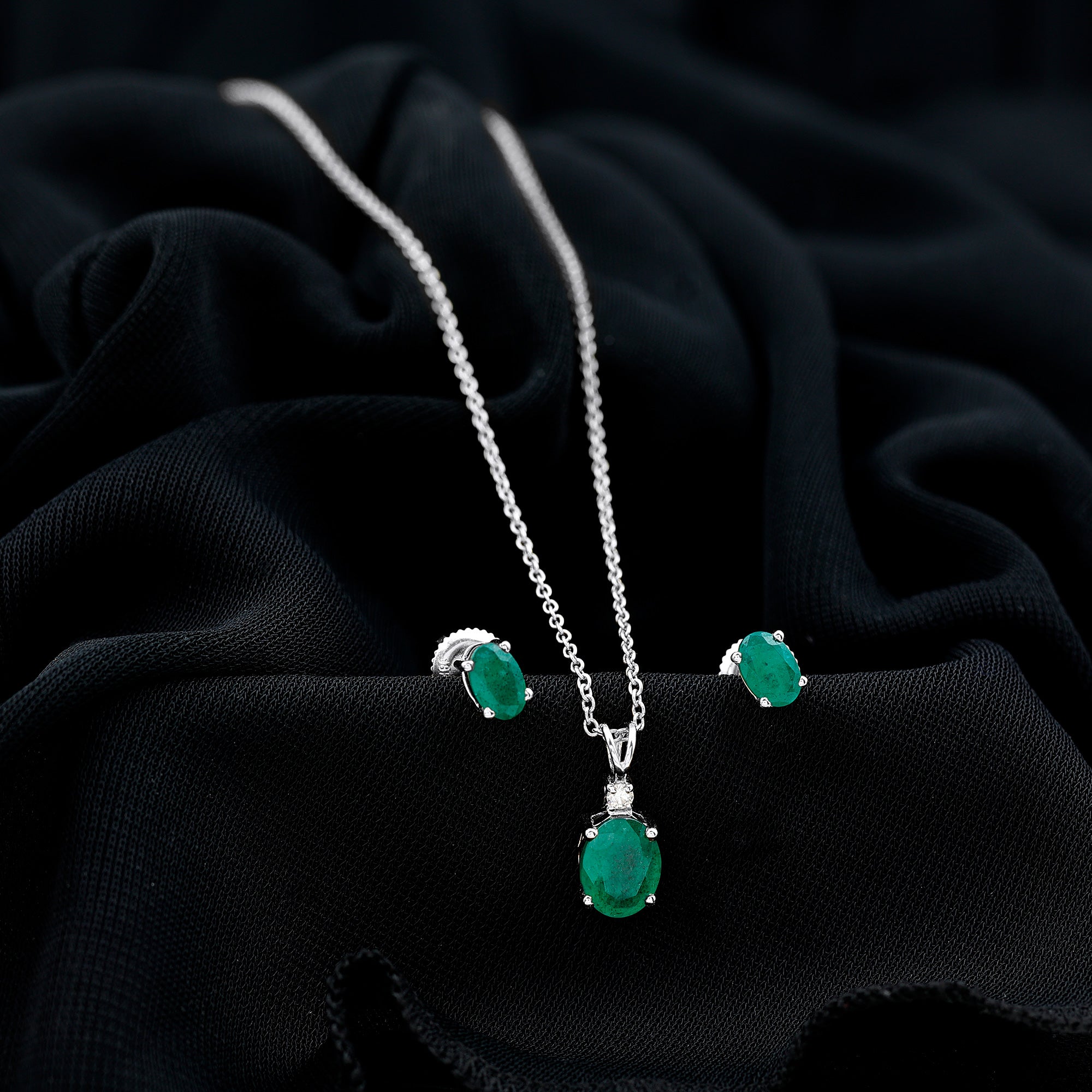 Genuine Emerald Solitaire Pendant and Earrings Set with Lab Grown Diamond AAA - Rosec Jewels