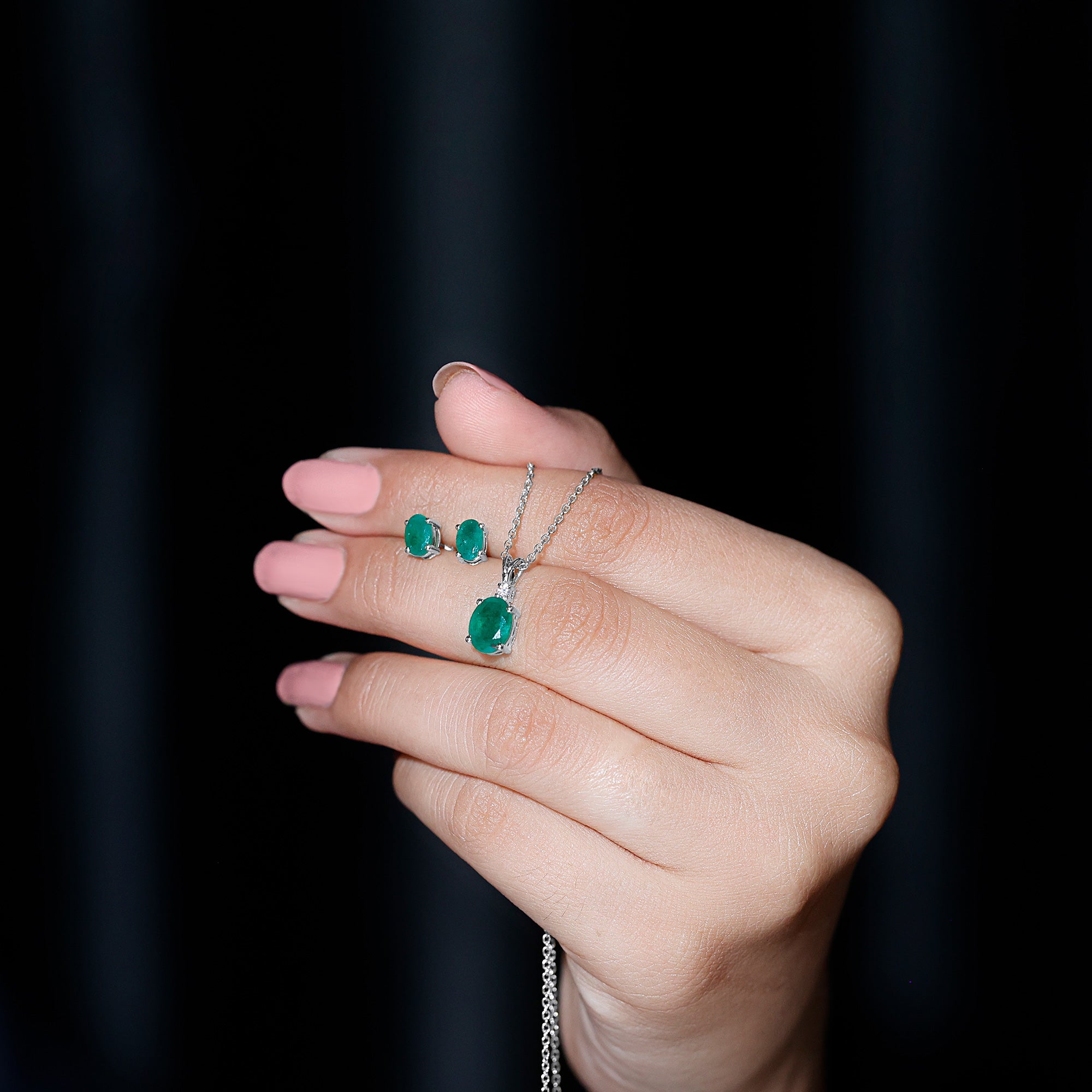 Genuine Emerald Solitaire Pendant and Earrings Set with Lab Grown Diamond AAA - Rosec Jewels
