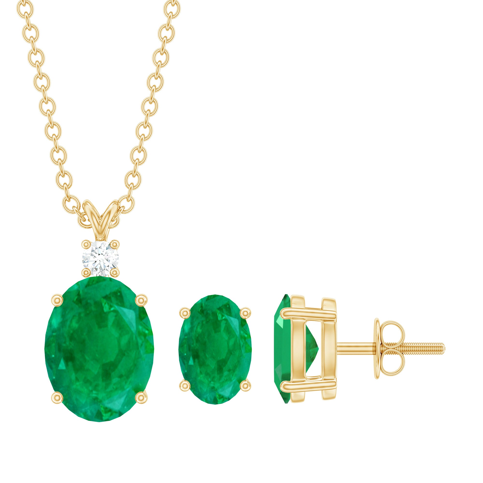 Genuine Emerald Solitaire Pendant and Earrings Set with Lab Grown Diamond AAA - Rosec Jewels