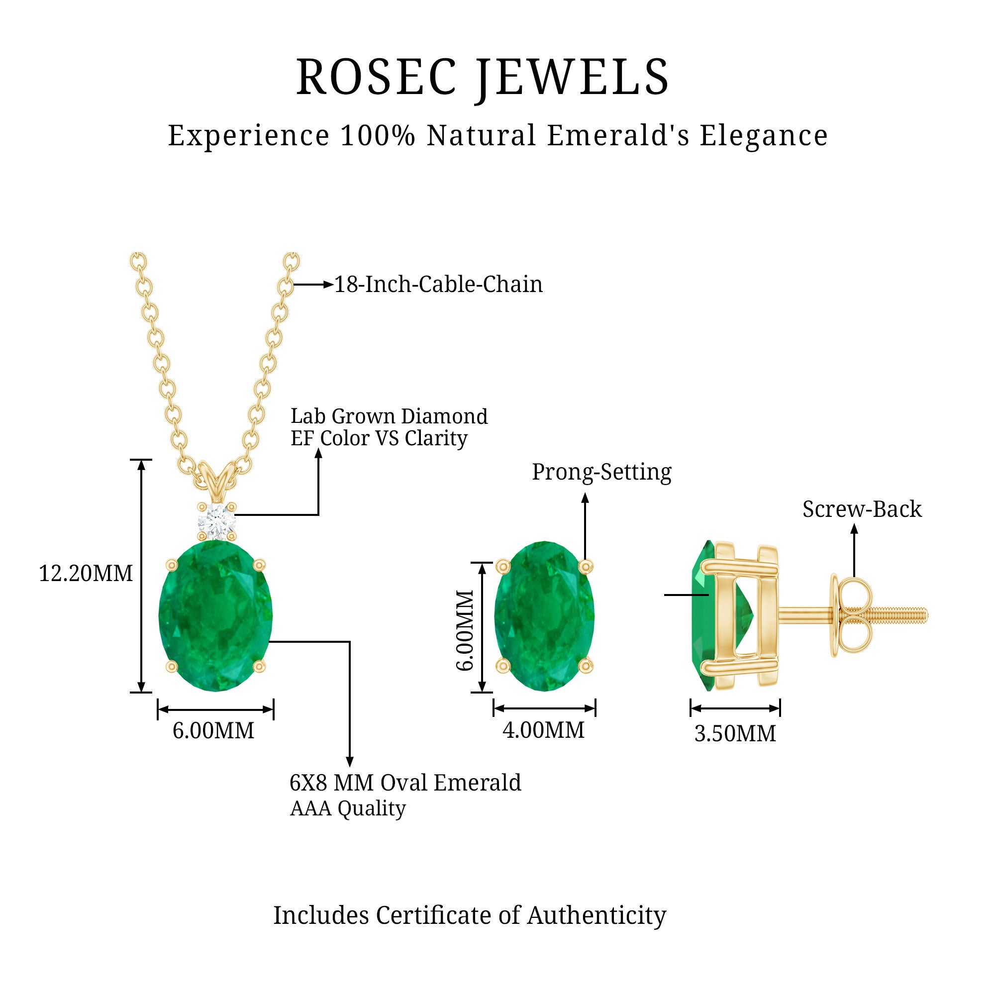 Genuine Emerald Solitaire Pendant and Earrings Set with Lab Grown Diamond AAA - Rosec Jewels