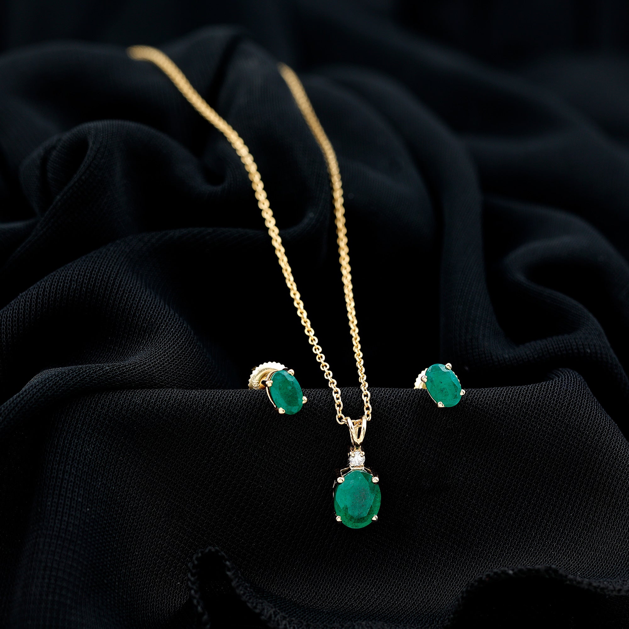 Genuine Emerald Solitaire Pendant and Earrings Set with Lab Grown Diamond AAA - Rosec Jewels
