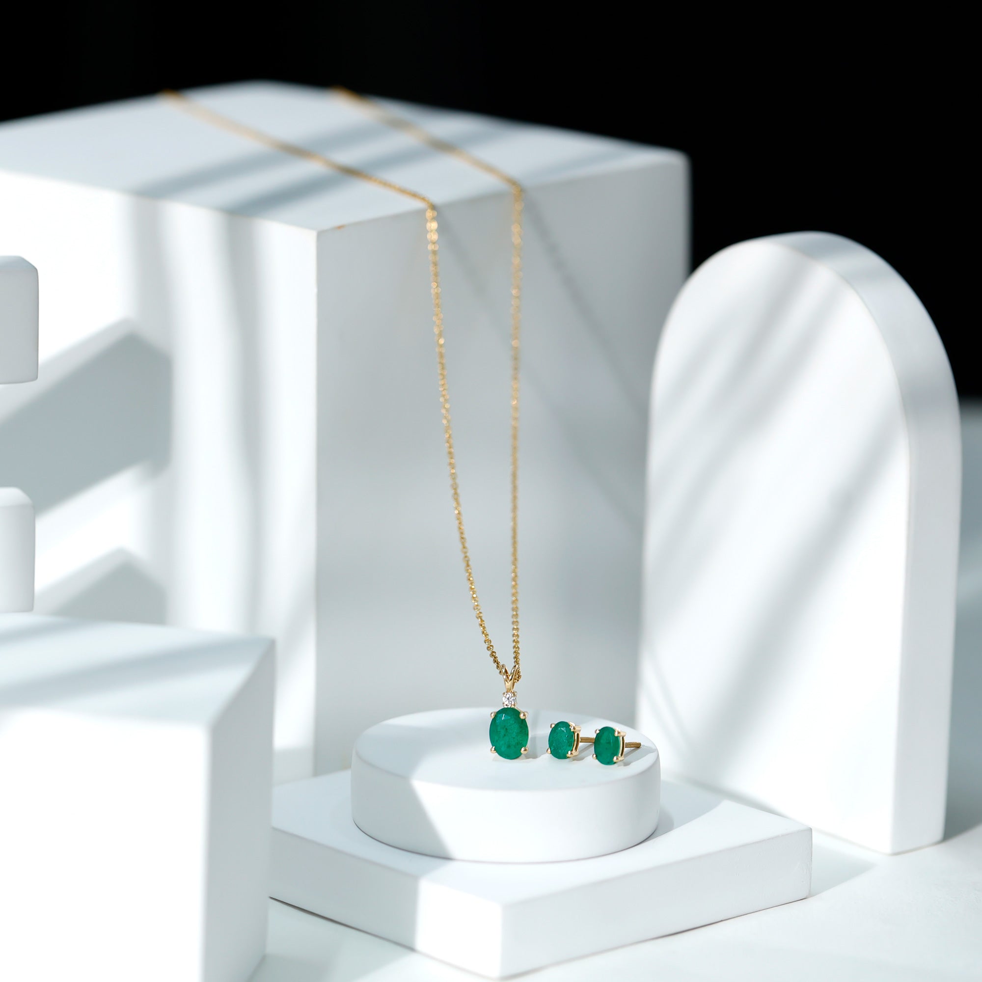 Genuine Emerald Solitaire Pendant and Earrings Set with Lab Grown Diamond AAA - Rosec Jewels