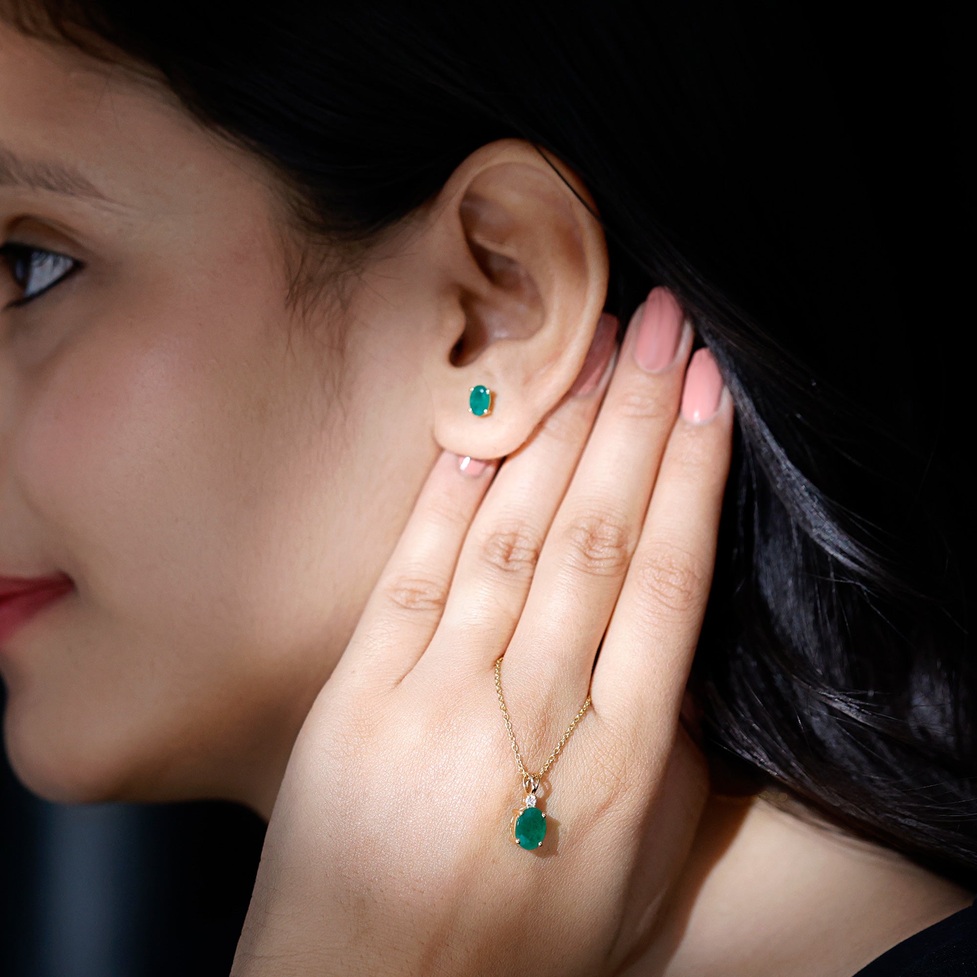 Genuine Emerald Solitaire Pendant and Earrings Set with Lab Grown Diamond AAA - Rosec Jewels