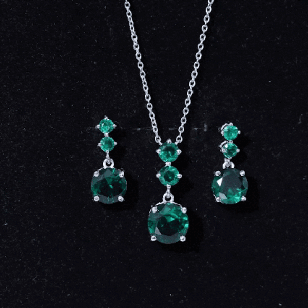 Certified Lab Created Emerald Dangle Necklace Earrings Set AAAA - Rosec Jewels