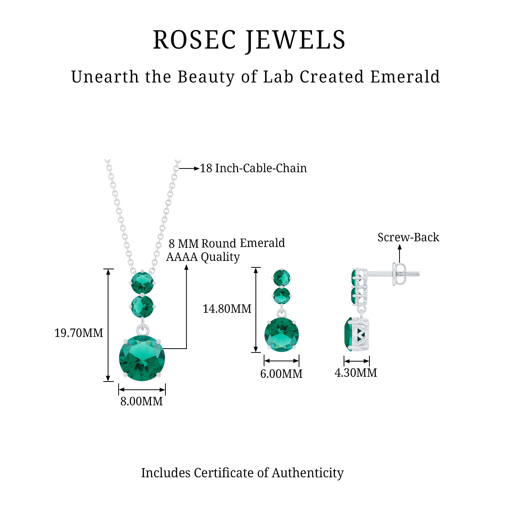 Certified Lab Created Emerald Dangle Necklace Earrings Set AAAA - Rosec Jewels