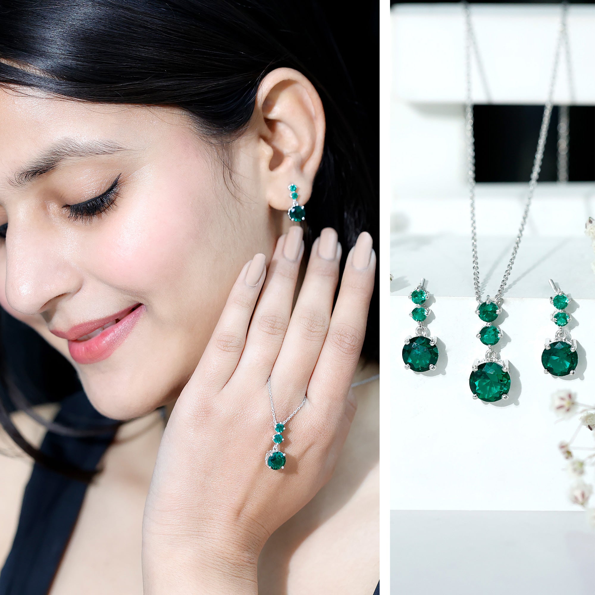 Certified Lab Created Emerald Dangle Necklace Earrings Set AAAA - Rosec Jewels