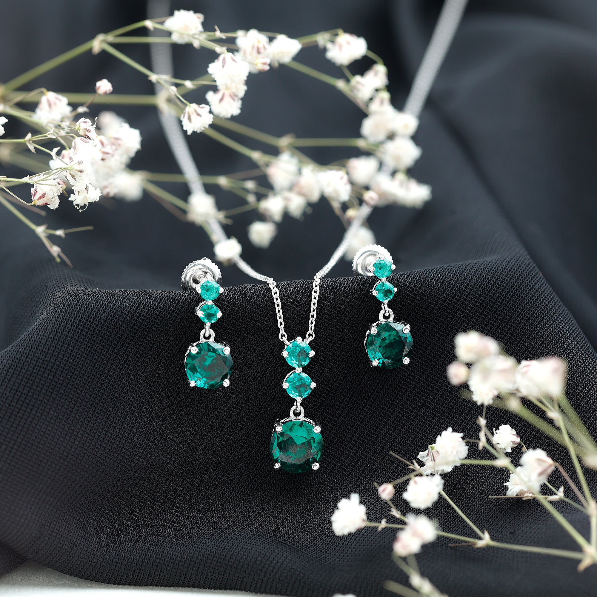 Certified Lab Created Emerald Dangle Necklace Earrings Set AAAA - Rosec Jewels