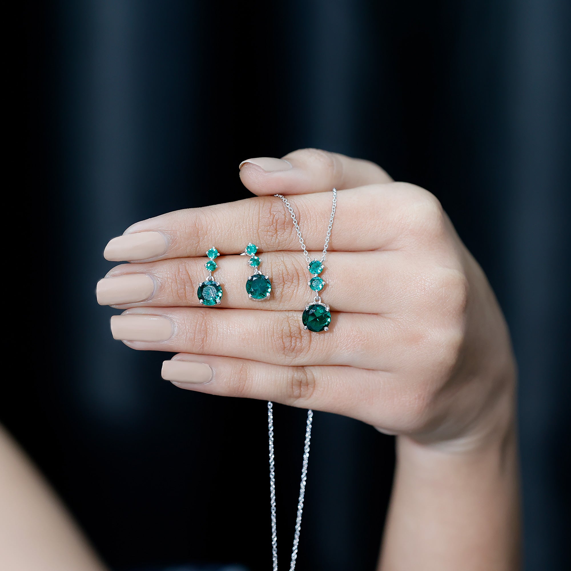 Certified Lab Created Emerald Dangle Necklace Earrings Set AAAA - Rosec Jewels