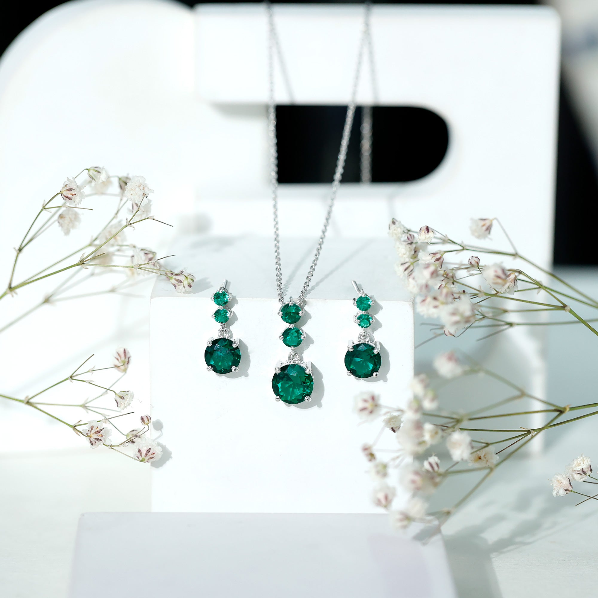 Certified Lab Created Emerald Dangle Necklace Earrings Set AAAA - Rosec Jewels
