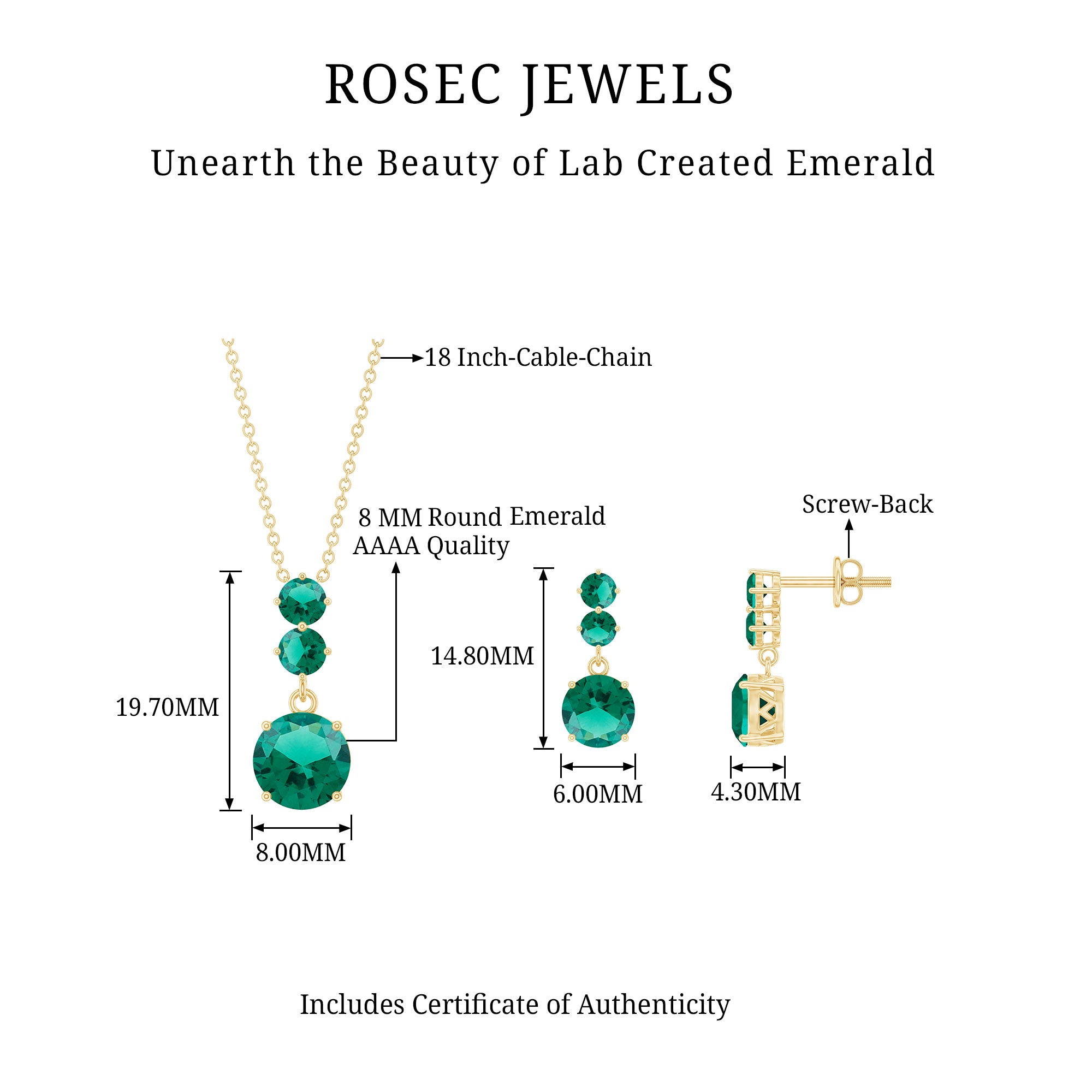 Certified Lab Created Emerald Dangle Necklace Earrings Set AAAA - Rosec Jewels