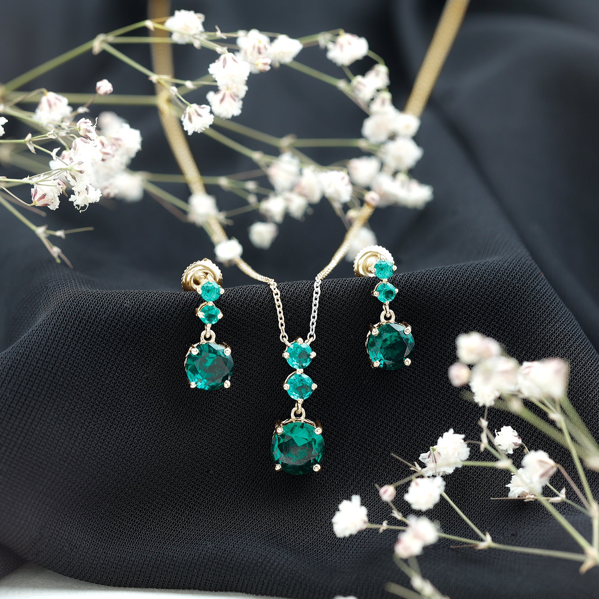 Certified Lab Created Emerald Dangle Necklace Earrings Set AAAA - Rosec Jewels